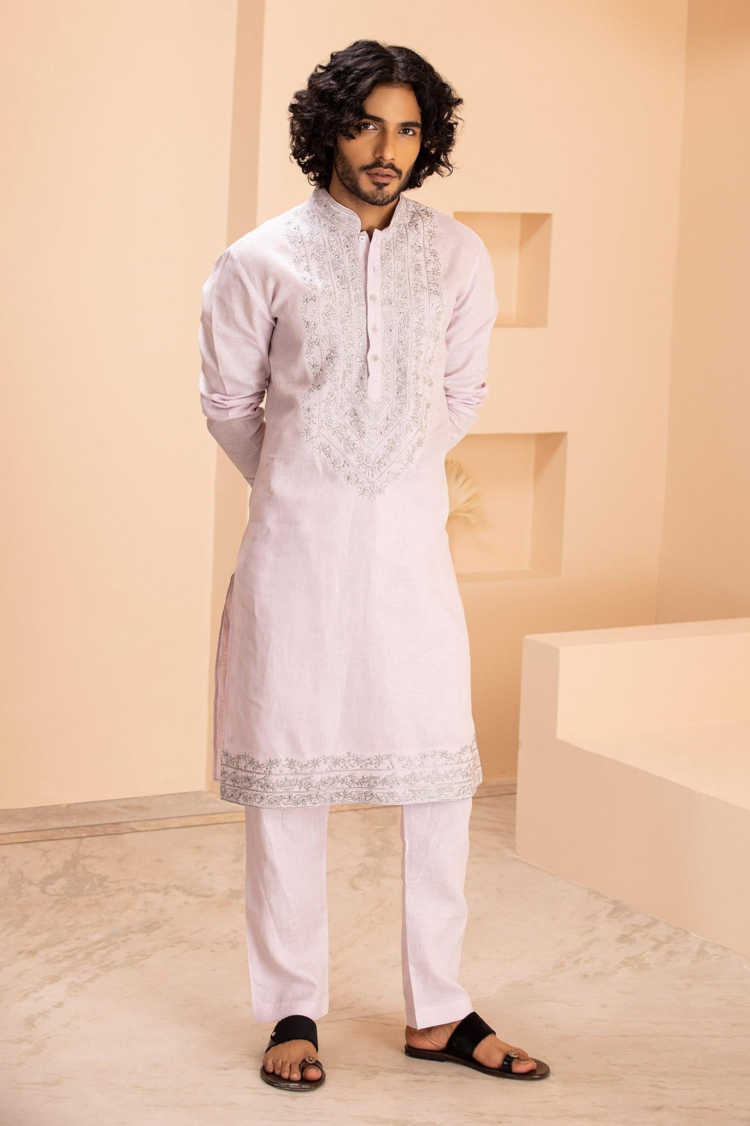 Kurta With Aligadhi Pink Linen Embroidered Zari Metal