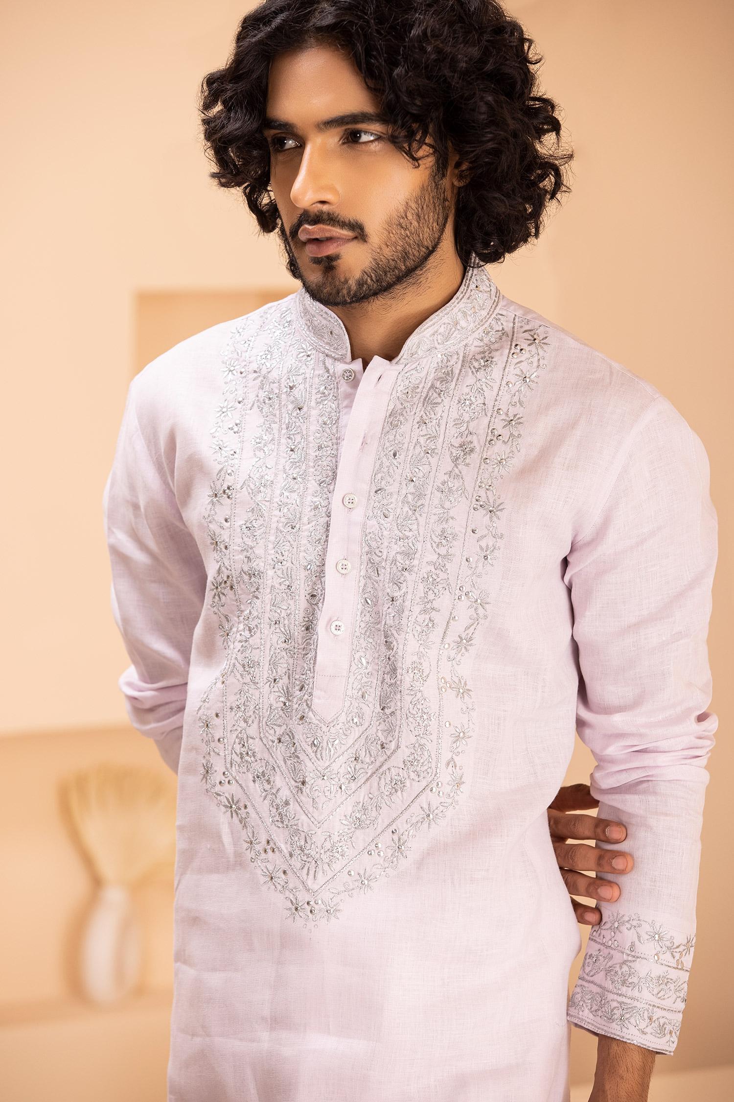 Kurta With Aligadhi Pink Linen Embroidered Zari Metal