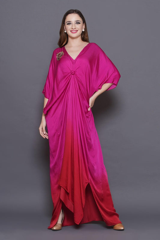 Pink Modal, Satin Sequins, Beads V-neck Owl Patchwork Ombre Kaftan - Designer Kurta Set