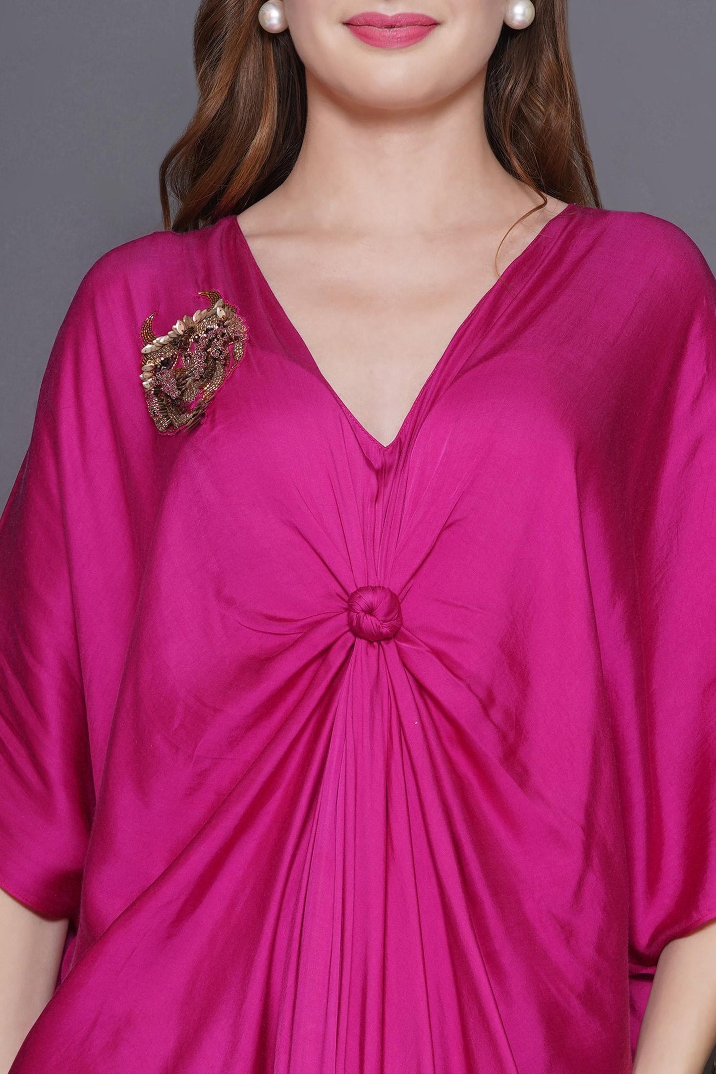 Pink Modal, Satin Sequins, Beads V-neck Owl Patchwork Ombre Kaftan - Designer Kurta Set