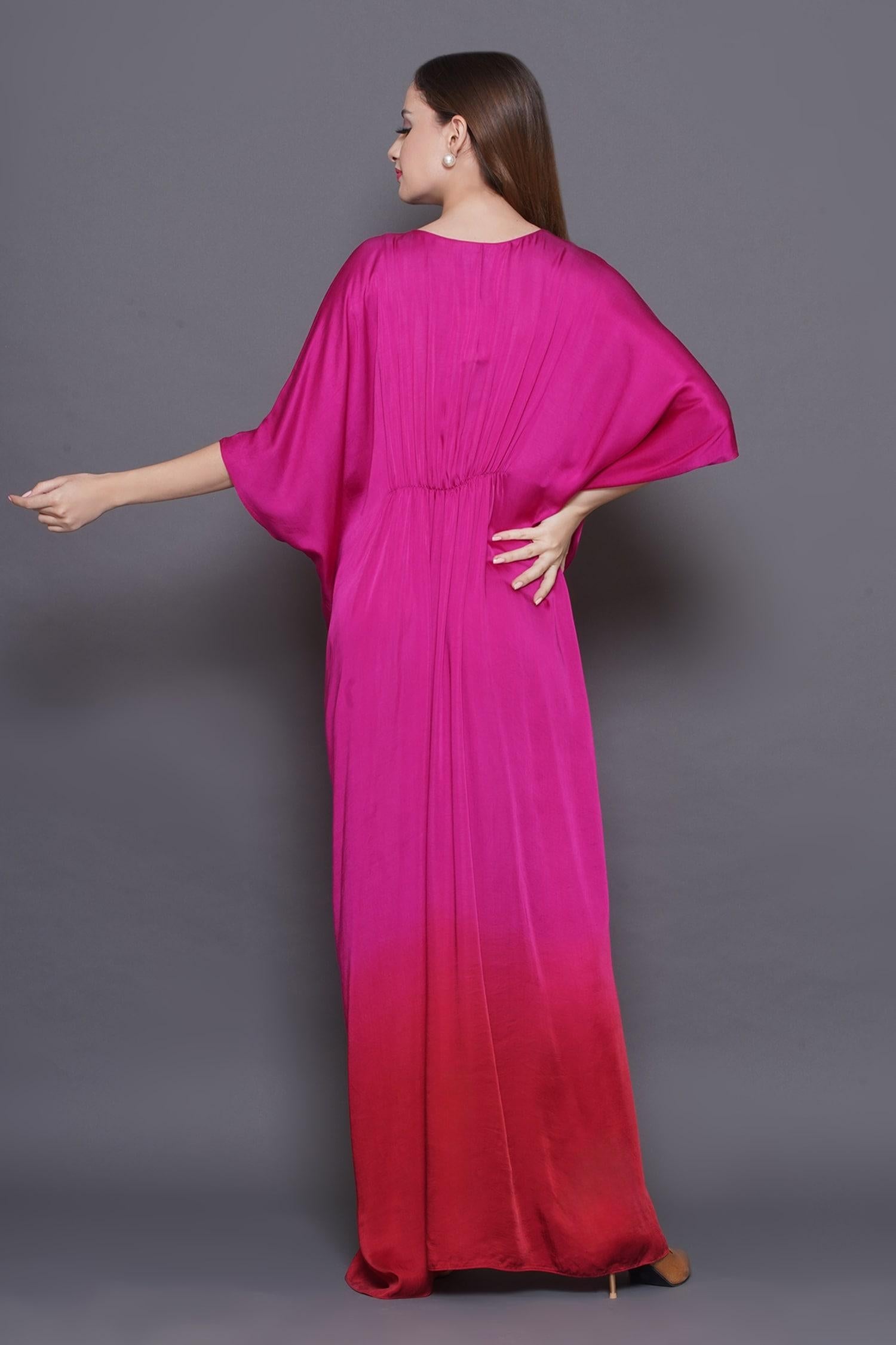 Pink Modal, Satin Sequins, Beads V-neck Owl Patchwork Ombre Kaftan - Designer Kurta Set