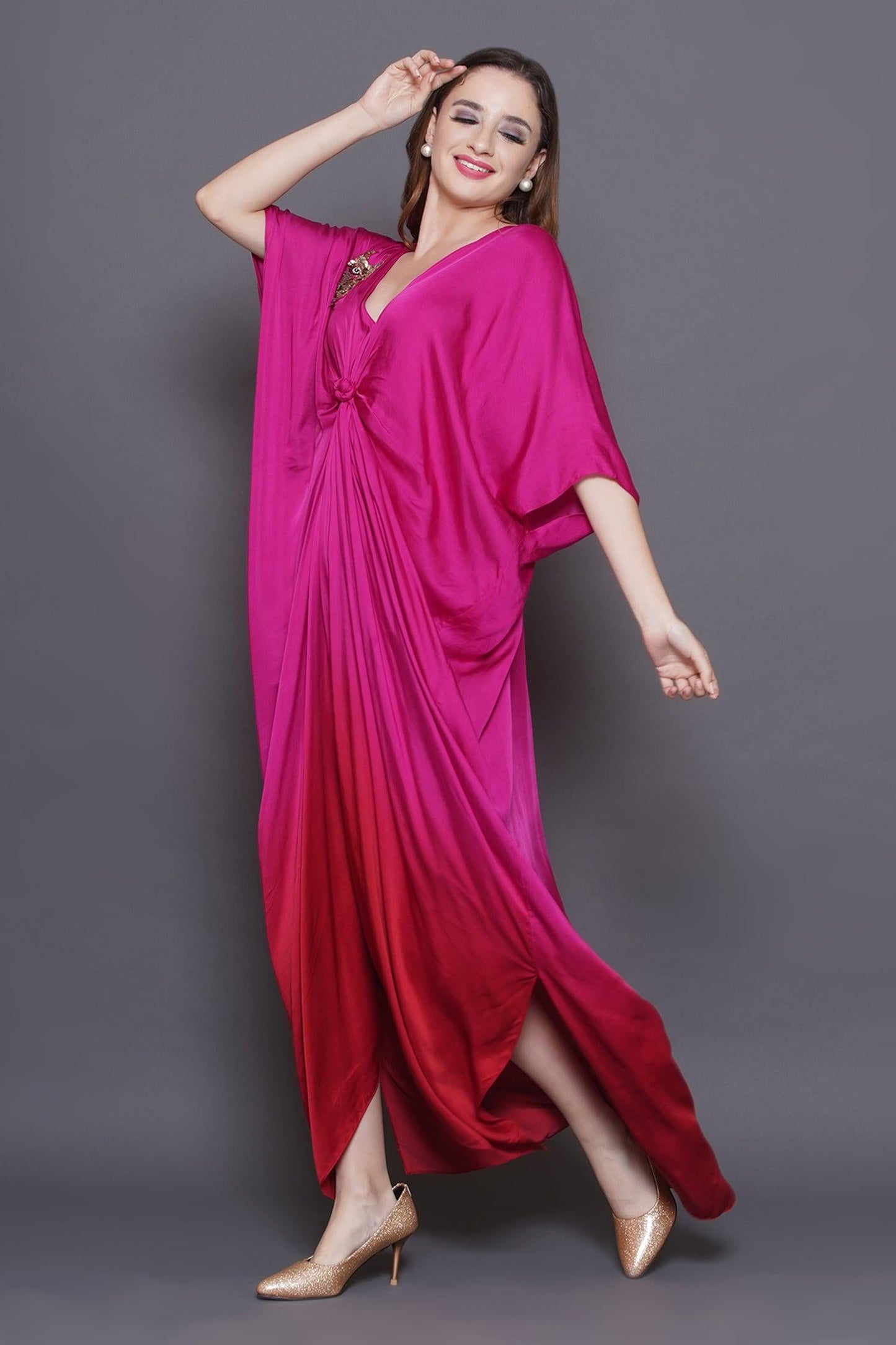 Pink Modal, Satin Sequins, Beads V-neck Owl Patchwork Ombre Kaftan - Designer Kurta Set