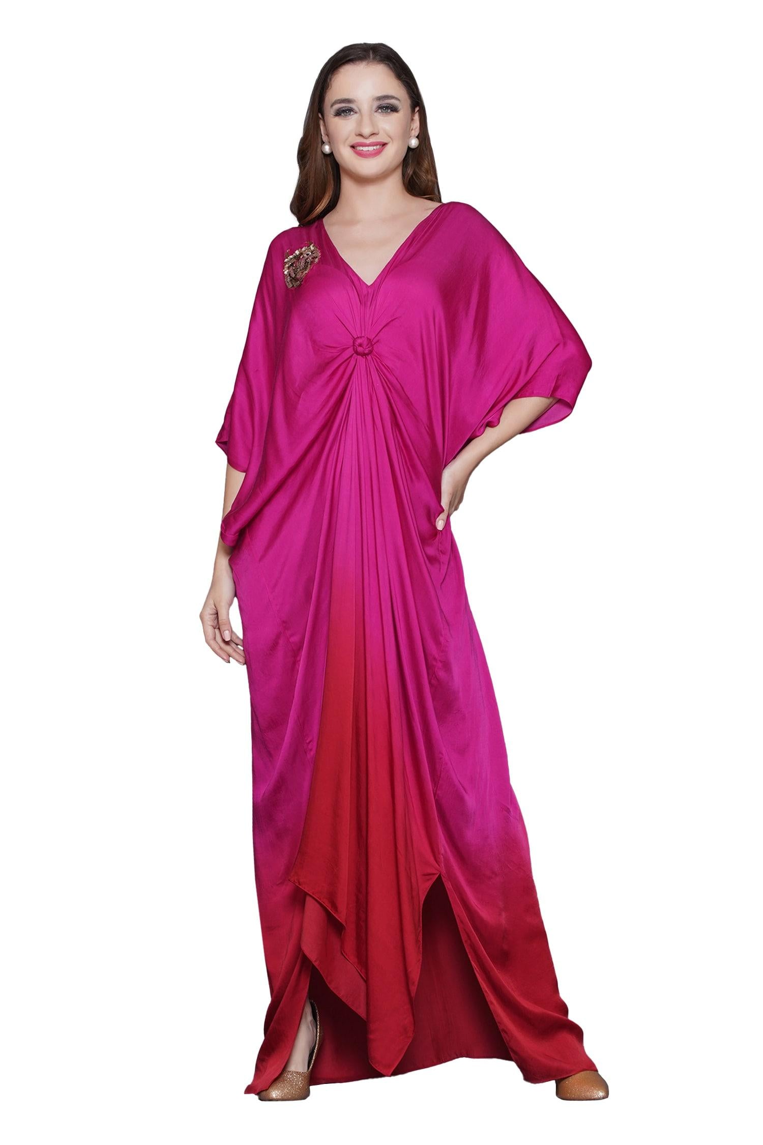 Pink Modal, Satin Sequins, Beads V-neck Owl Patchwork Ombre Kaftan - Designer Kurta Set