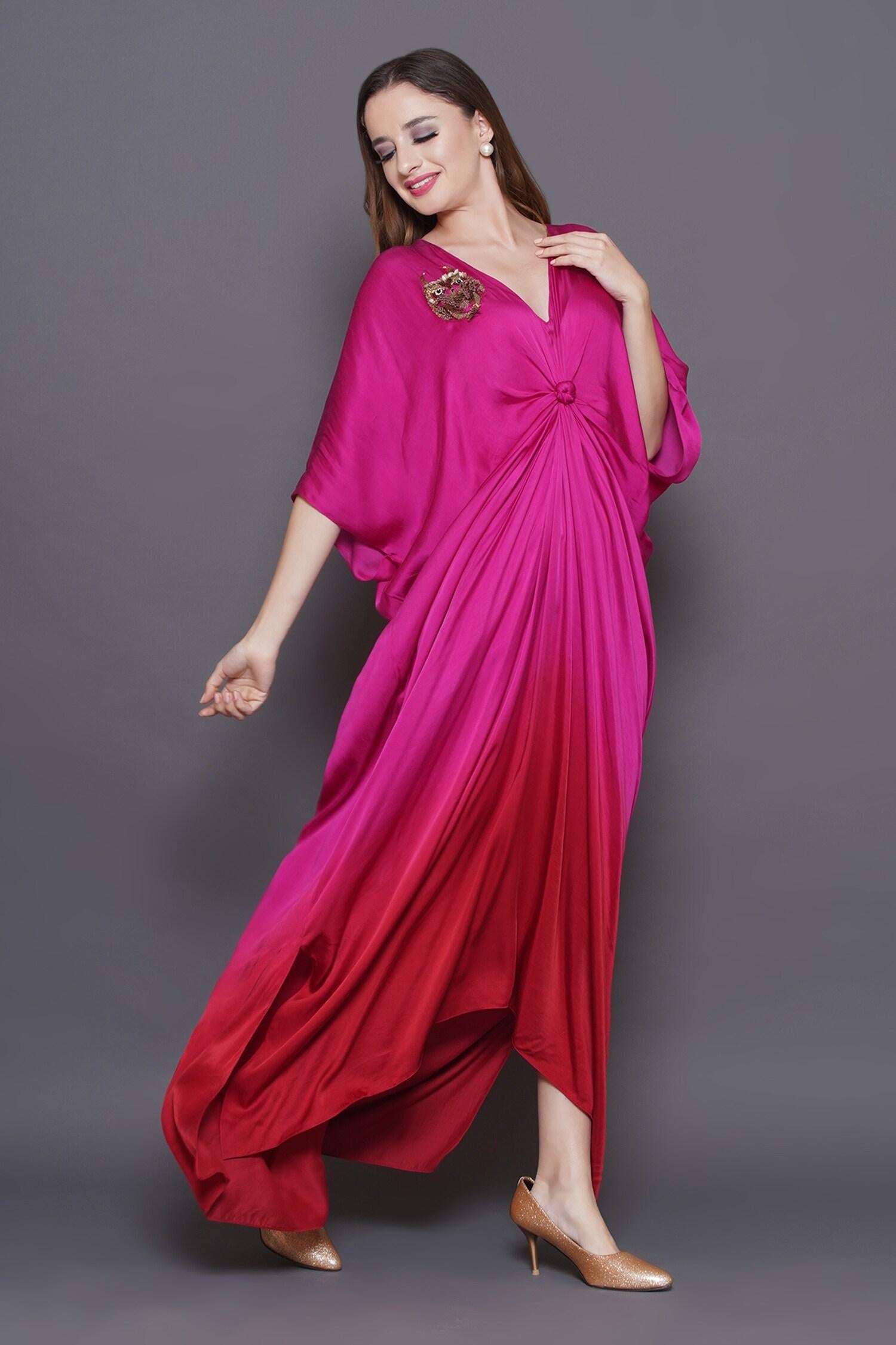 Pink Modal, Satin Sequins, Beads V-neck Owl Patchwork Ombre Kaftan - Designer Kurta Set