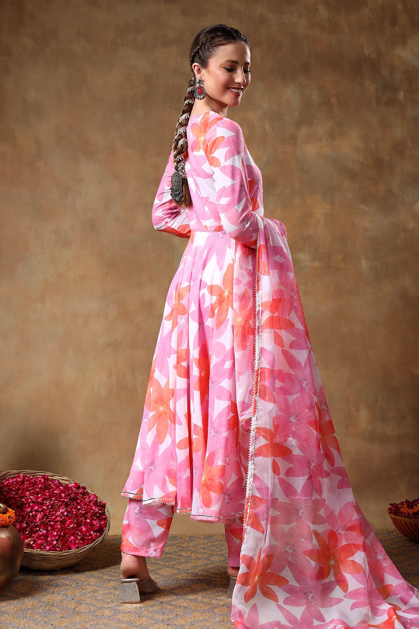 Pink Muslin, Organza Gota Patti, Embroidery V-neck Florette Print Anarkali Set - Designer Kurta Set