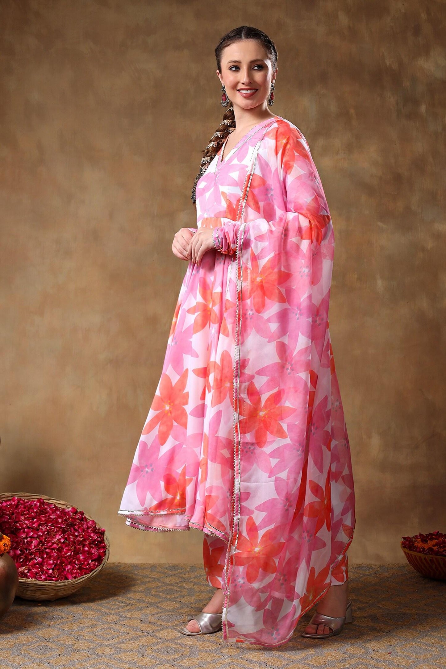 Pink Muslin, Organza Gota Patti, Embroidery V-neck Florette Print Anarkali Set - Designer Kurta Set