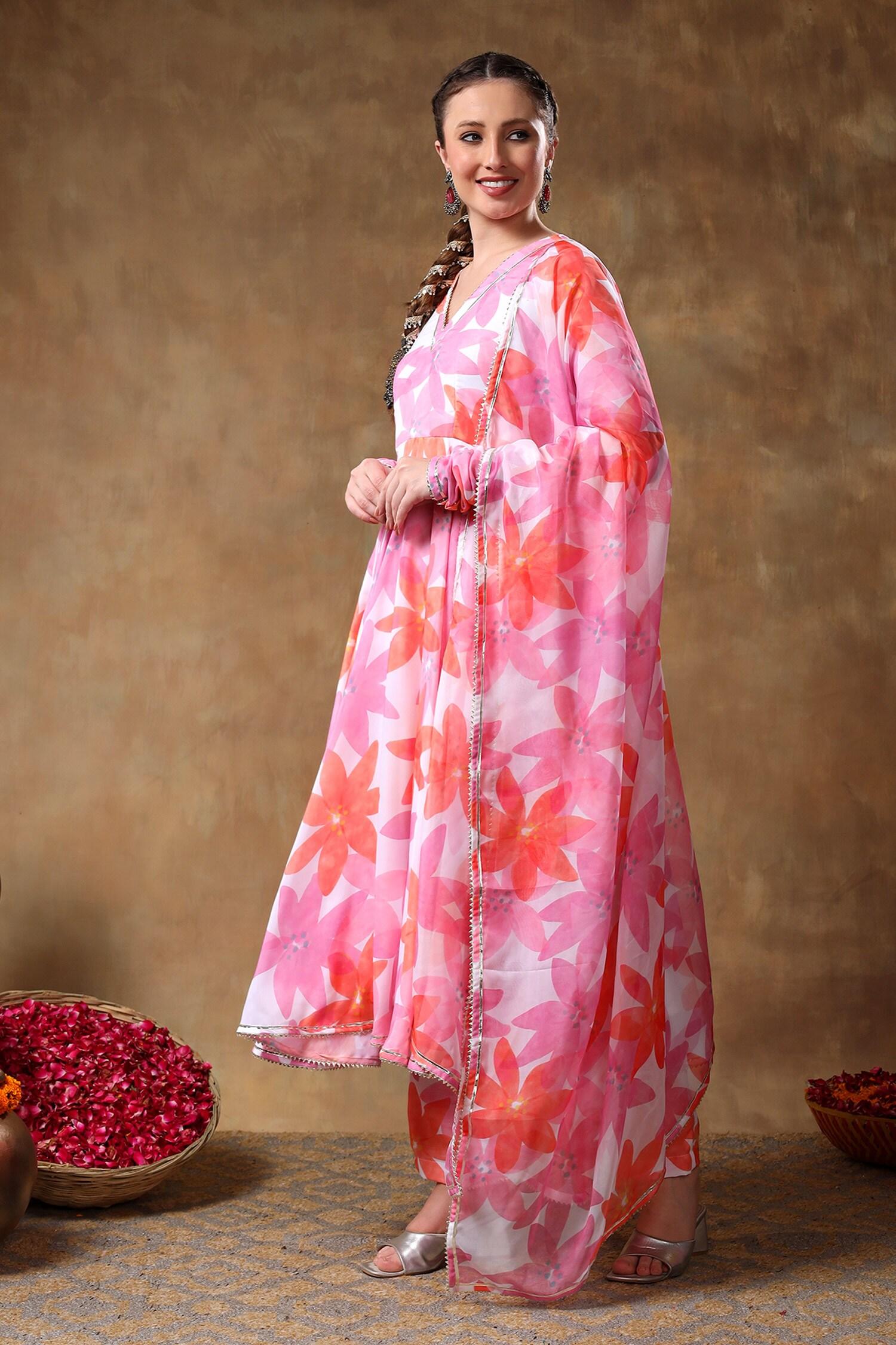 Pink Muslin, Organza Gota Patti, Embroidery V-neck Florette Print Anarkali Set - Designer Kurta Set