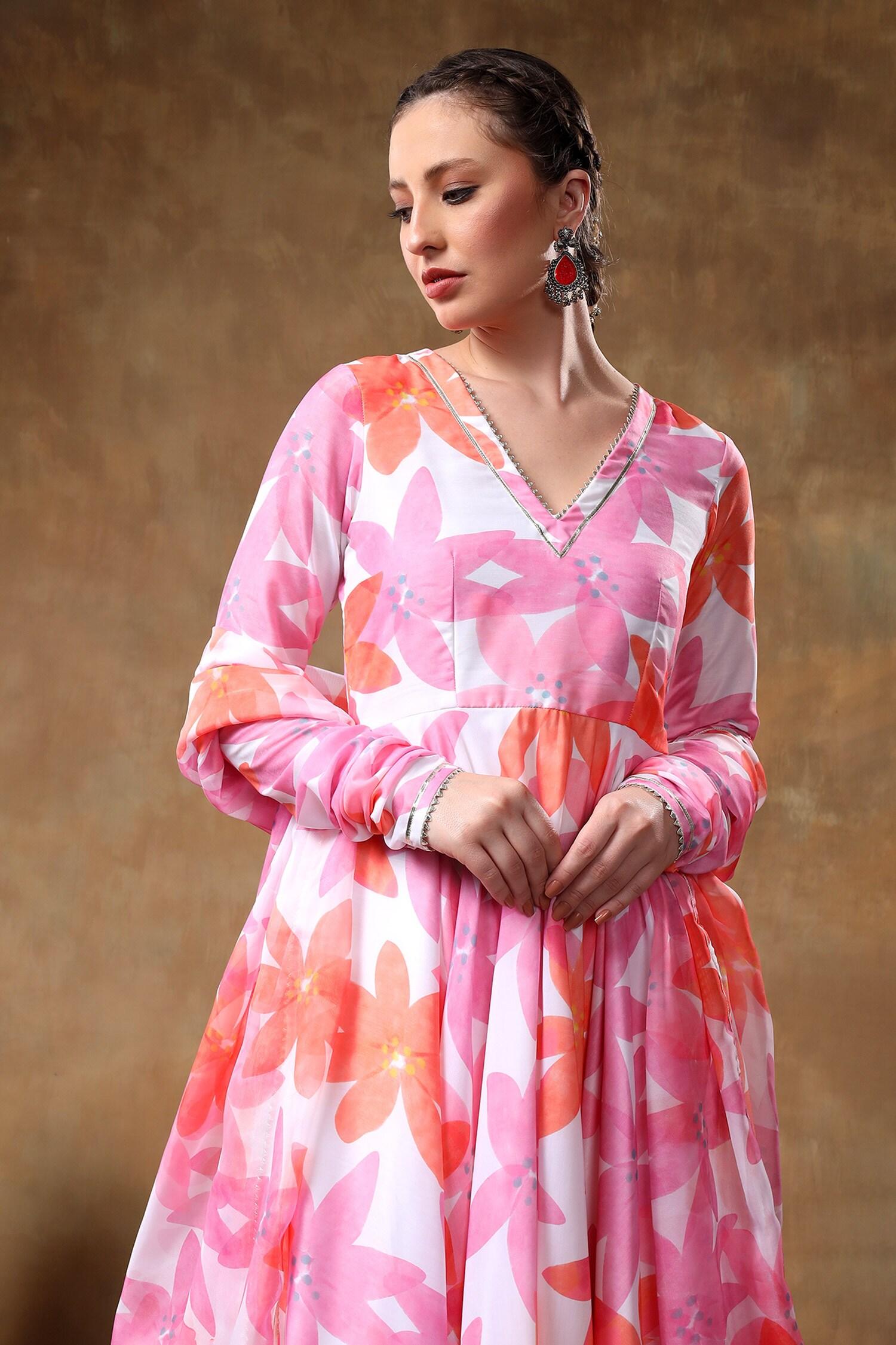 Pink Muslin, Organza Gota Patti, Embroidery V-neck Florette Print Anarkali Set - Designer Kurta Set