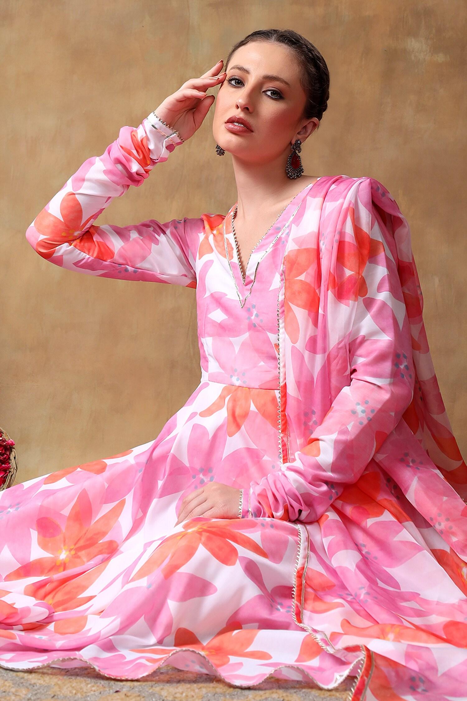 Pink Muslin, Organza Gota Patti, Embroidery V-neck Florette Print Anarkali Set - Designer Kurta Set