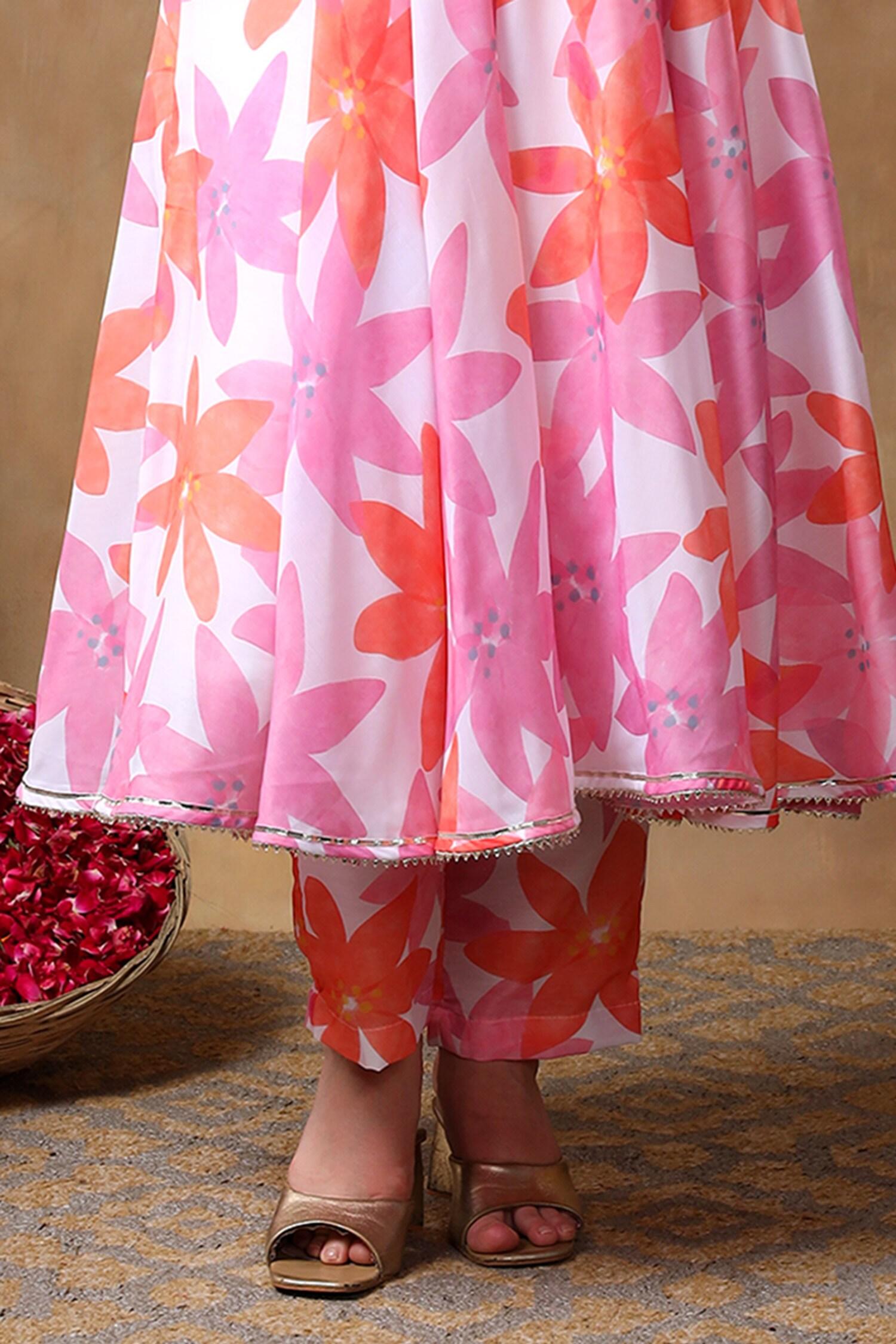Pink Muslin, Organza Gota Patti, Embroidery V-neck Florette Print Anarkali Set - Designer Kurta Set