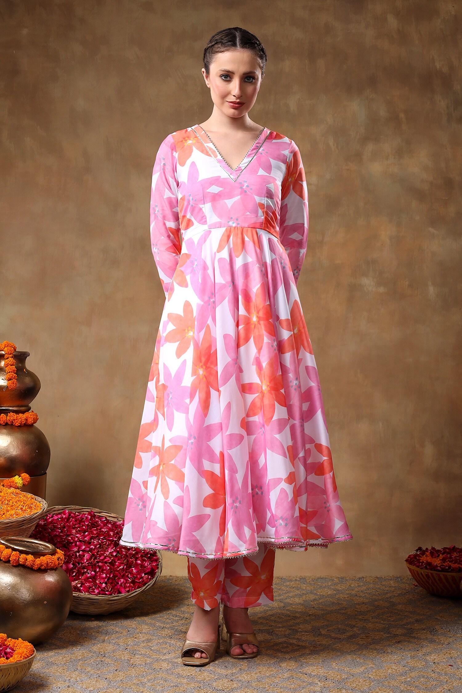 Pink Muslin, Organza Gota Patti, Embroidery V-neck Florette Print Anarkali Set - Designer Kurta Set