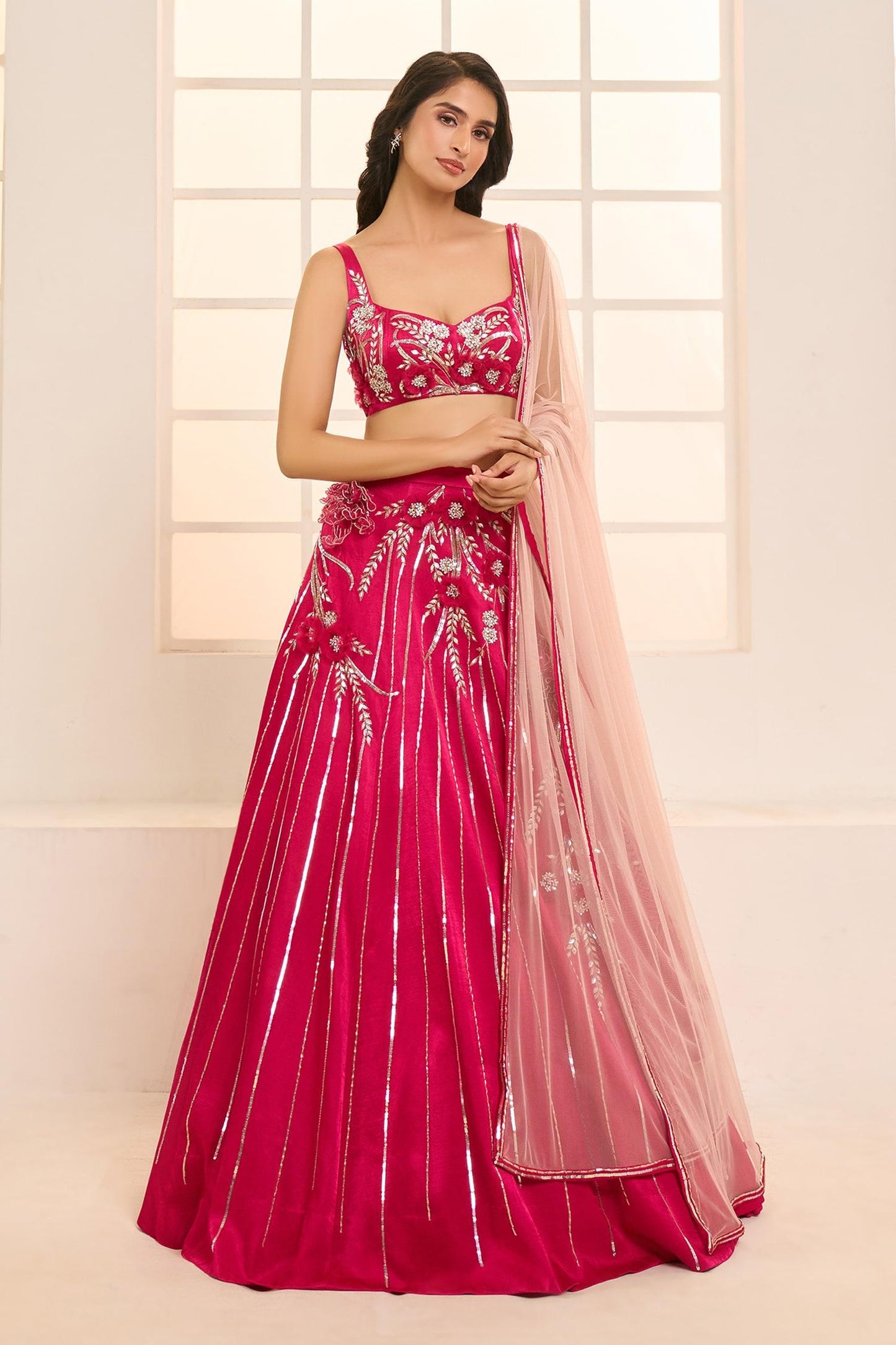 Pink Net, Satin, Silk Embroidery Sweetheart Blooming Floral Bridal Lehenga Set - Designer Kurta Set