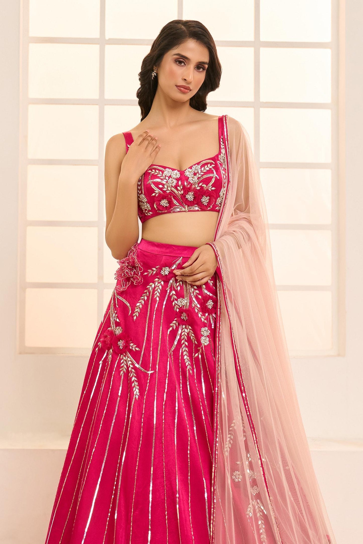 Pink Net, Satin, Silk Embroidery Sweetheart Blooming Floral Bridal Lehenga Set - Designer Kurta Set