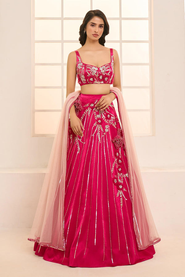 Pink Net, Satin, Silk Embroidery Sweetheart Blooming Floral Bridal Lehenga Set - Designer Kurta Set