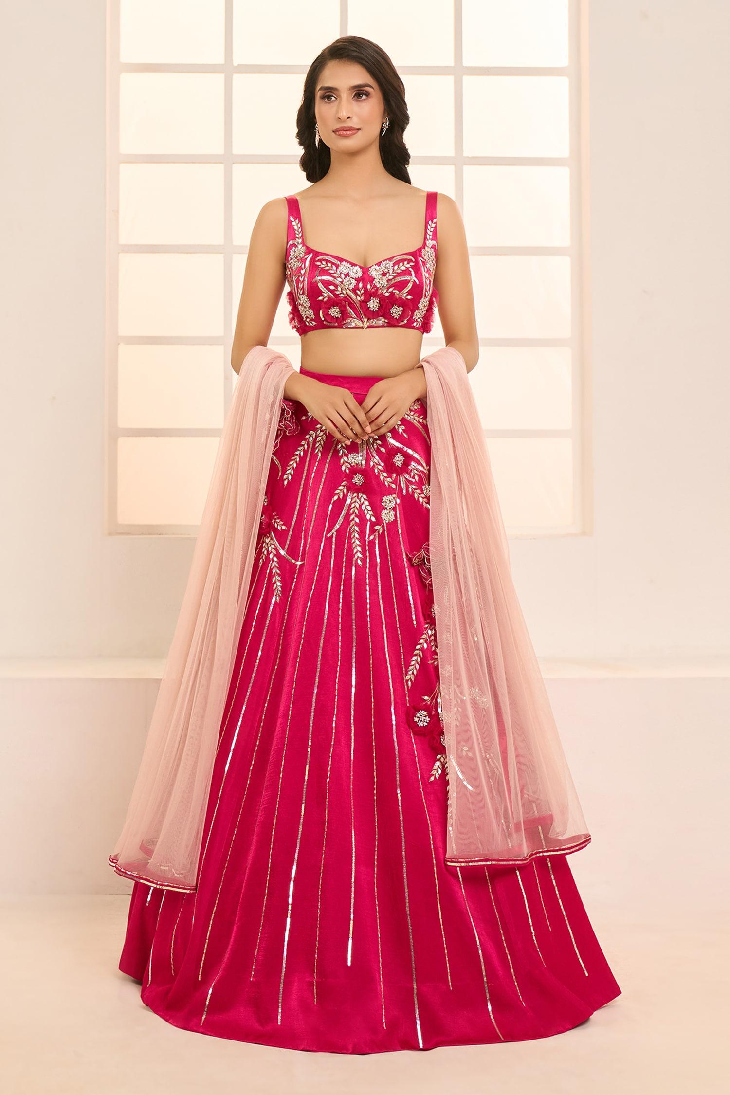 Pink Net, Satin, Silk Embroidery Sweetheart Blooming Floral Bridal Lehenga Set - Designer Kurta Set