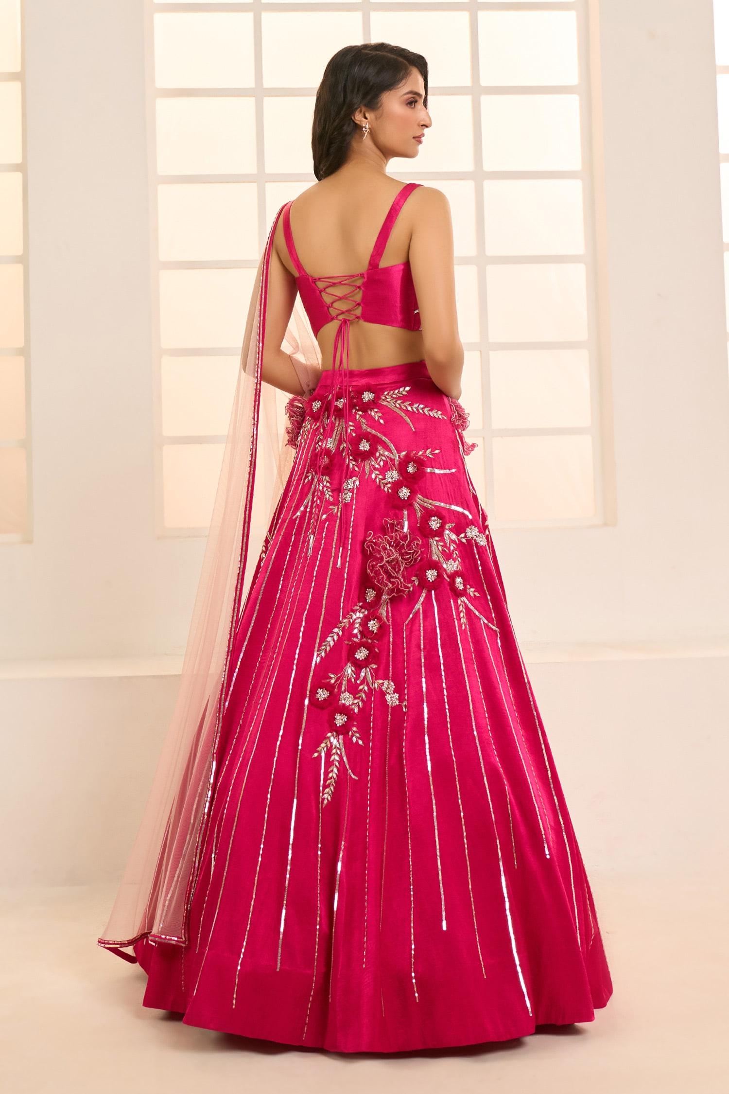 Pink Net, Satin, Silk Embroidery Sweetheart Blooming Floral Bridal Lehenga Set - Designer Kurta Set