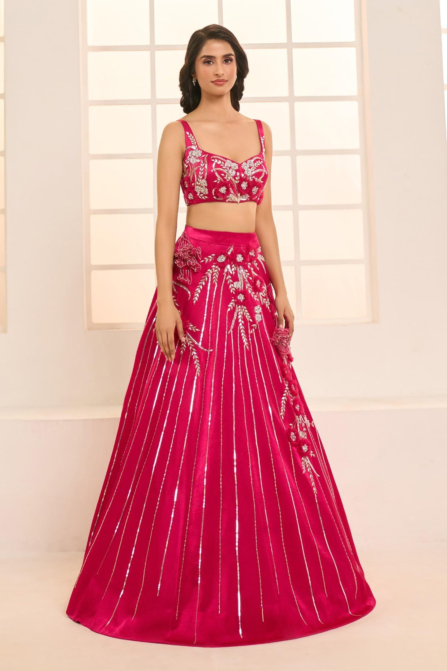 Pink Net, Satin, Silk Embroidery Sweetheart Blooming Floral Bridal Lehenga Set - Designer Kurta Set