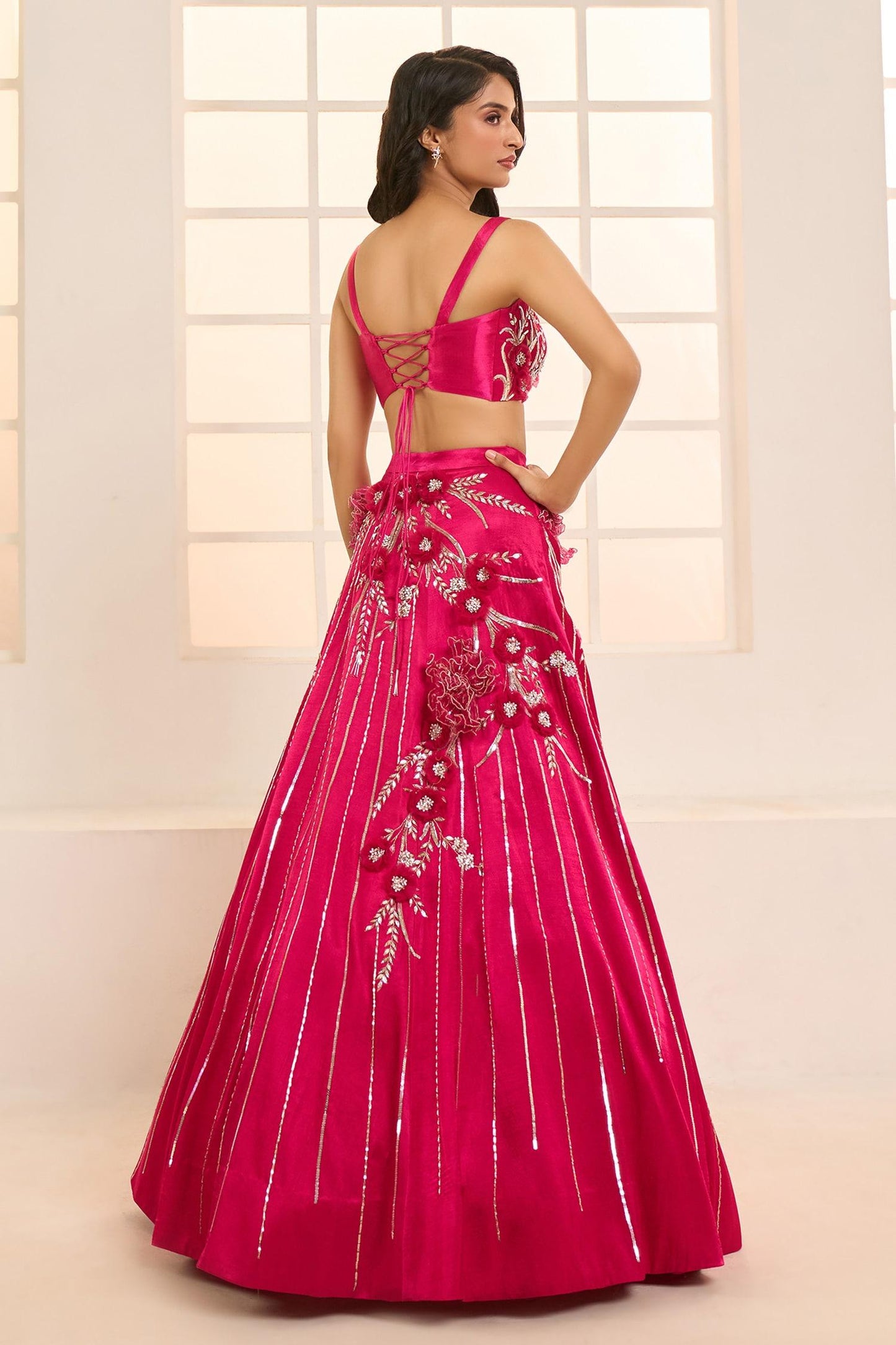 Pink Net, Satin, Silk Embroidery Sweetheart Blooming Floral Bridal Lehenga Set - Designer Kurta Set