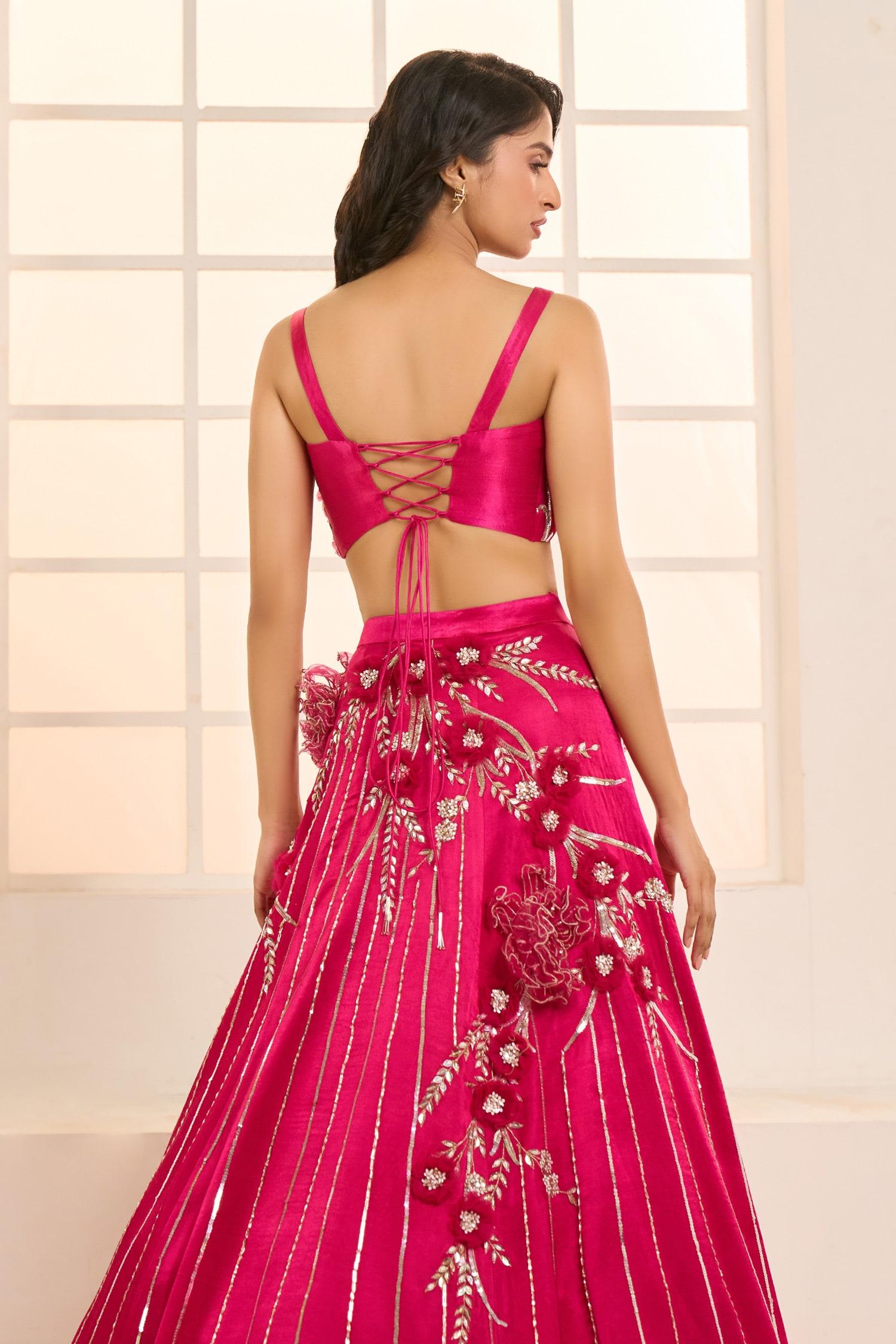 Pink Net, Satin, Silk Embroidery Sweetheart Blooming Floral Bridal Lehenga Set - Designer Kurta Set