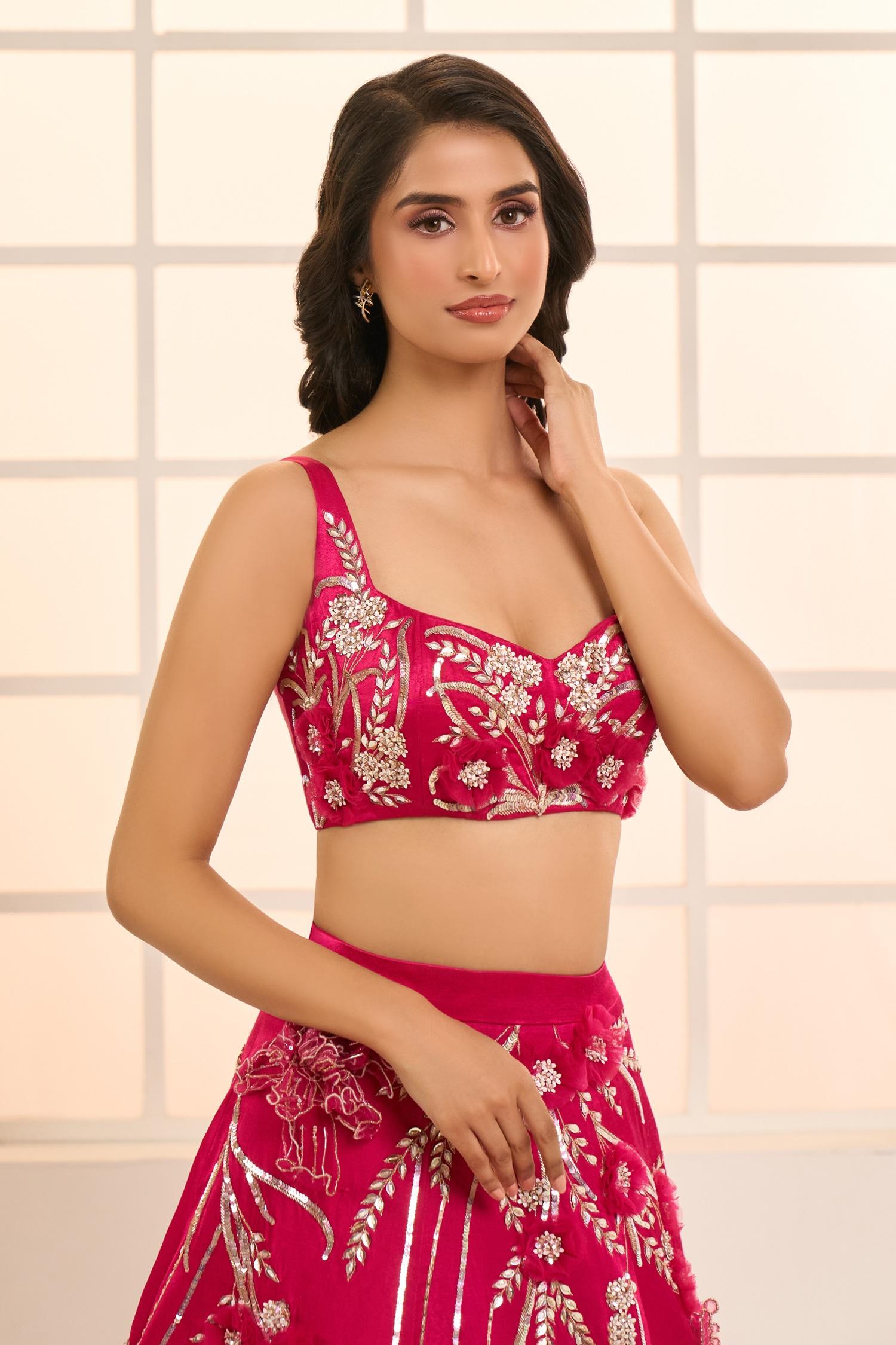 Pink Net, Satin, Silk Embroidery Sweetheart Blooming Floral Bridal Lehenga Set - Designer Kurta Set