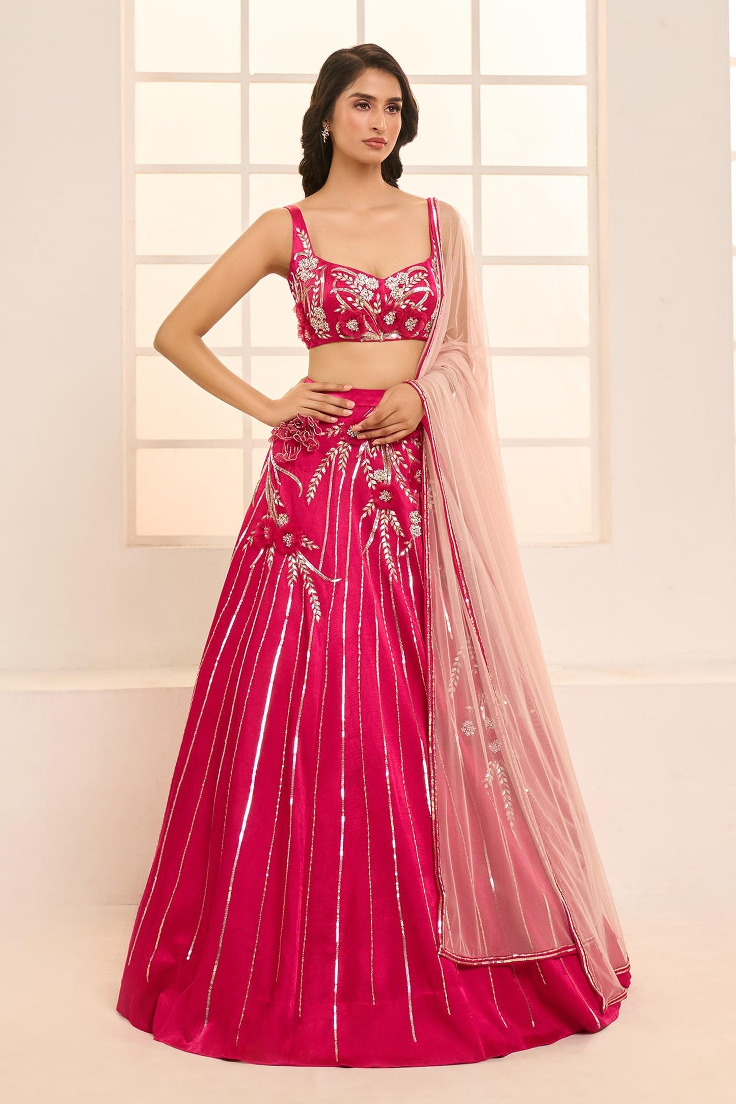 Pink Net, Satin, Silk Embroidery Sweetheart Blooming Floral Bridal Lehenga Set - Designer Kurta Set