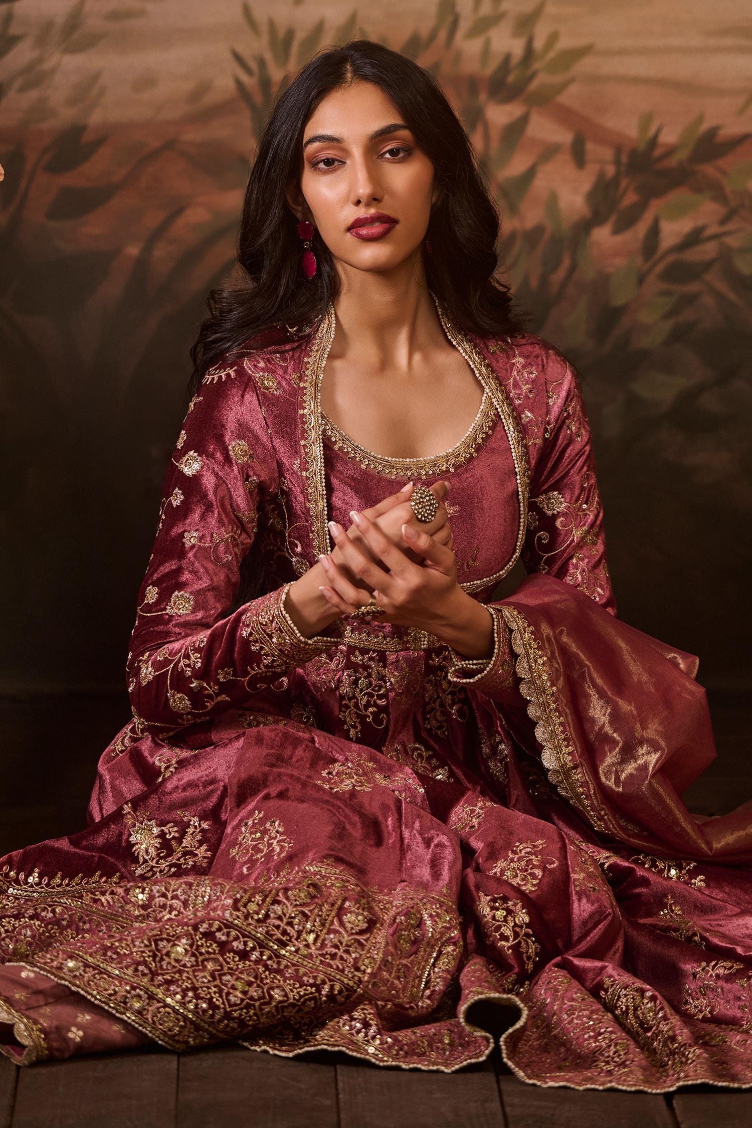 Pink Net, Velvet, Brocade Sequins, Zari, Embroidery Mughal Bahar Anarkali Set - Designer Kurta Set