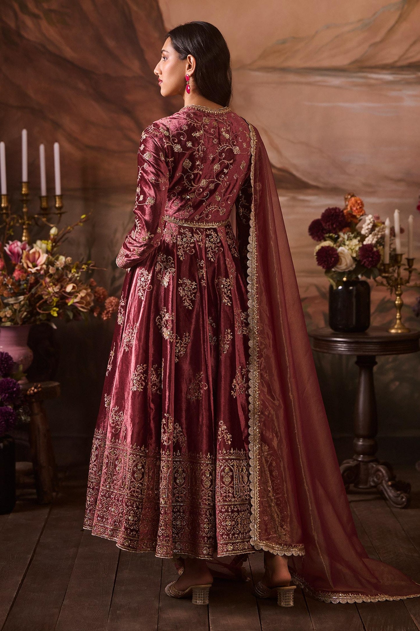 Pink Net, Velvet, Brocade Sequins, Zari, Embroidery Mughal Bahar Anarkali Set - Designer Kurta Set