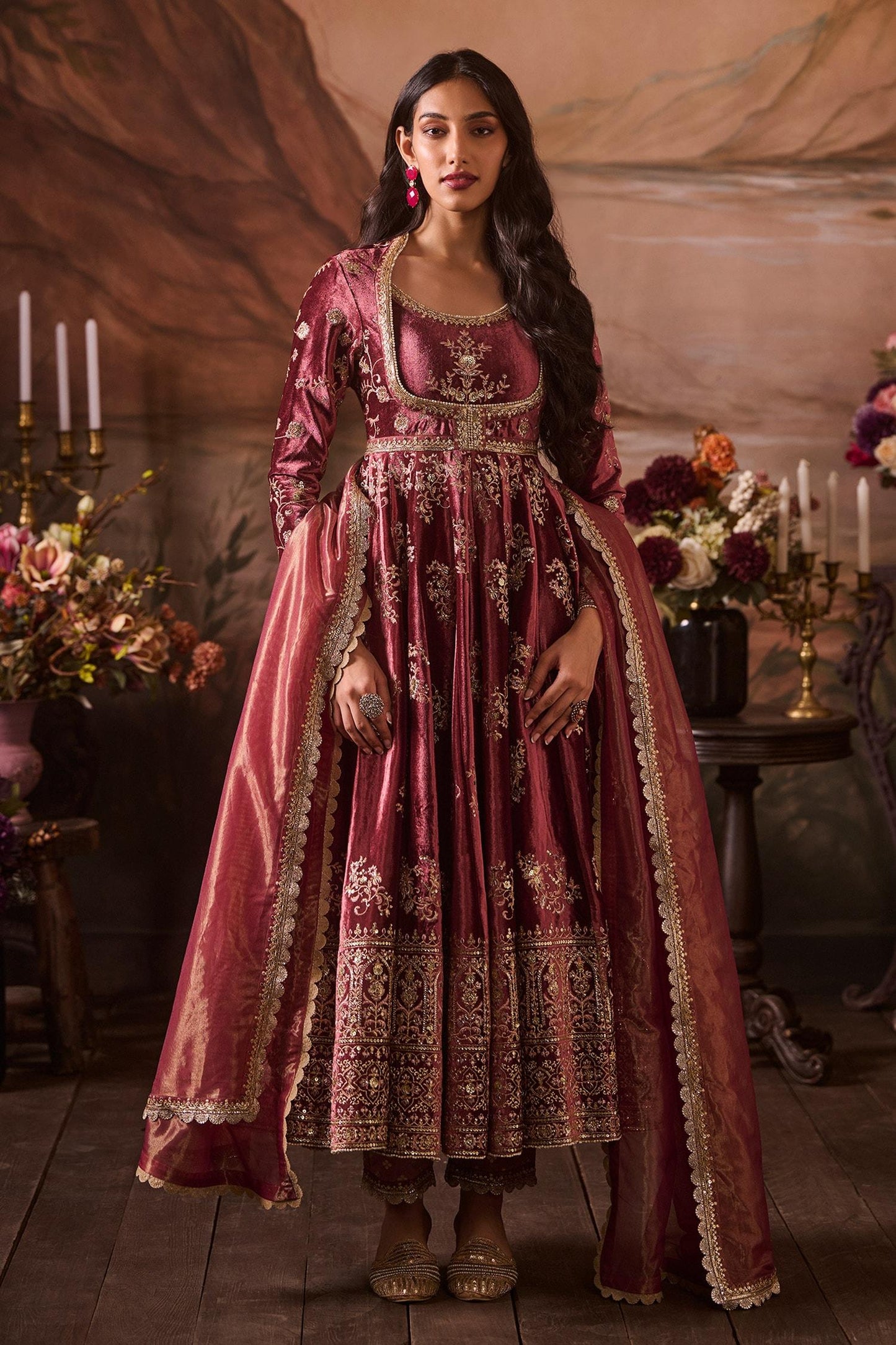 Pink Net, Velvet, Brocade Sequins, Zari, Embroidery Mughal Bahar Anarkali Set - Designer Kurta Set