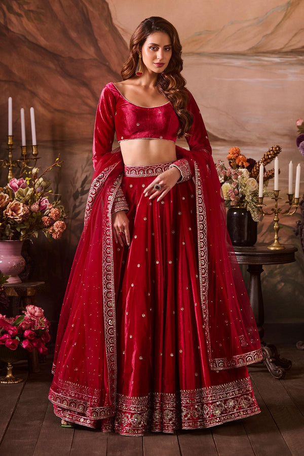 Pink Net, Velvet Sequins, Zari, Embroidery Round Neck Bridal Lehenga Set - Designer Kurta Set