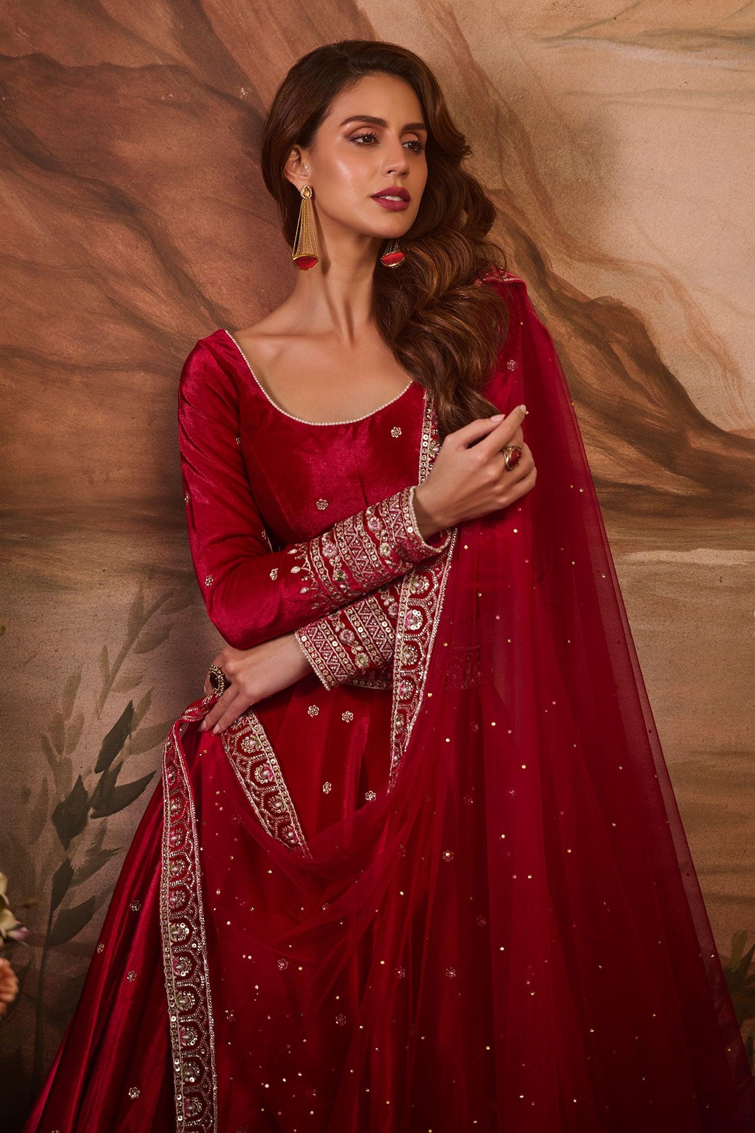 Pink Net, Velvet Sequins, Zari, Embroidery Round Neck Bridal Lehenga Set - Designer Kurta Set