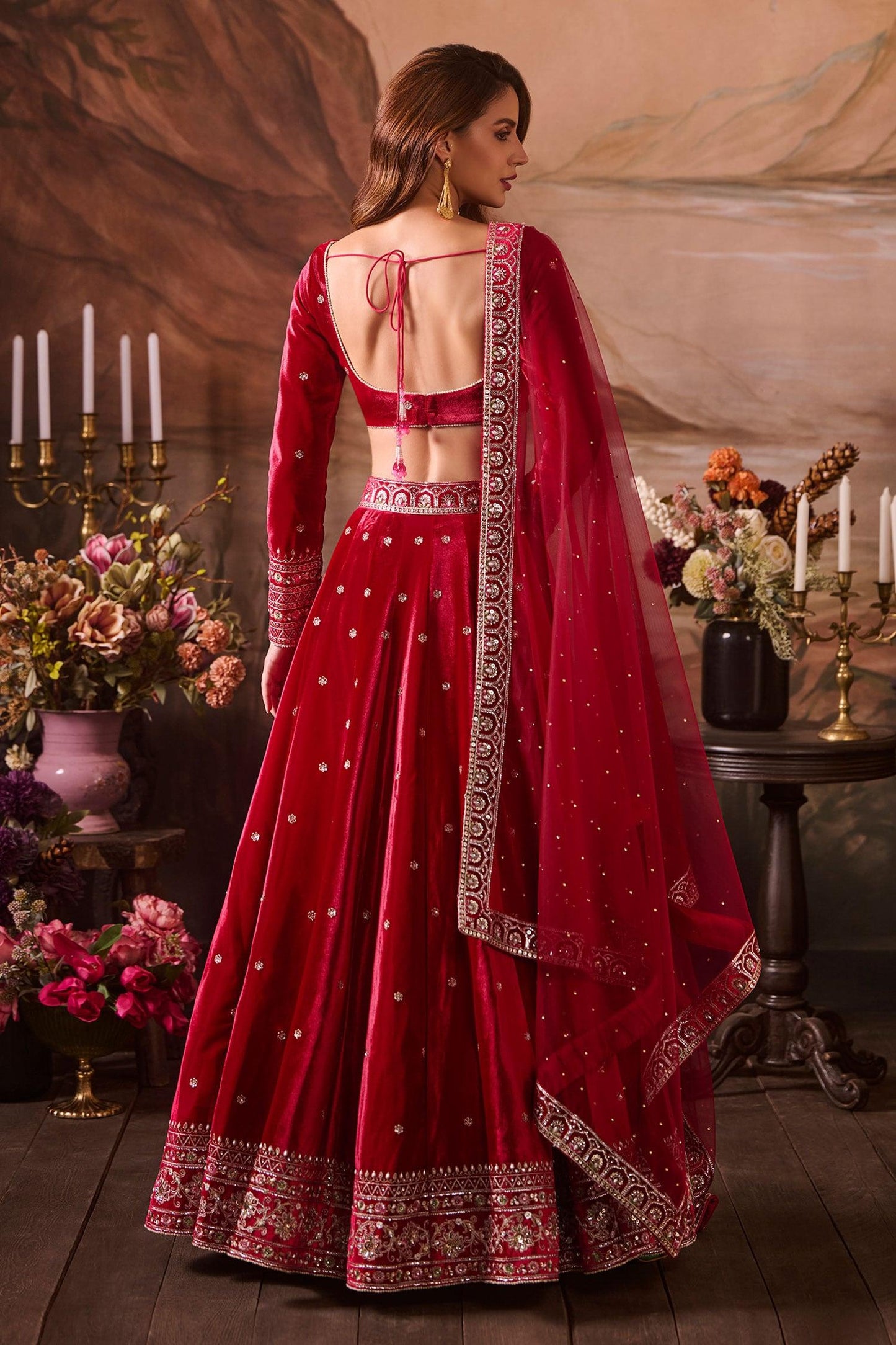 Pink Net, Velvet Sequins, Zari, Embroidery Round Neck Bridal Lehenga Set - Designer Kurta Set