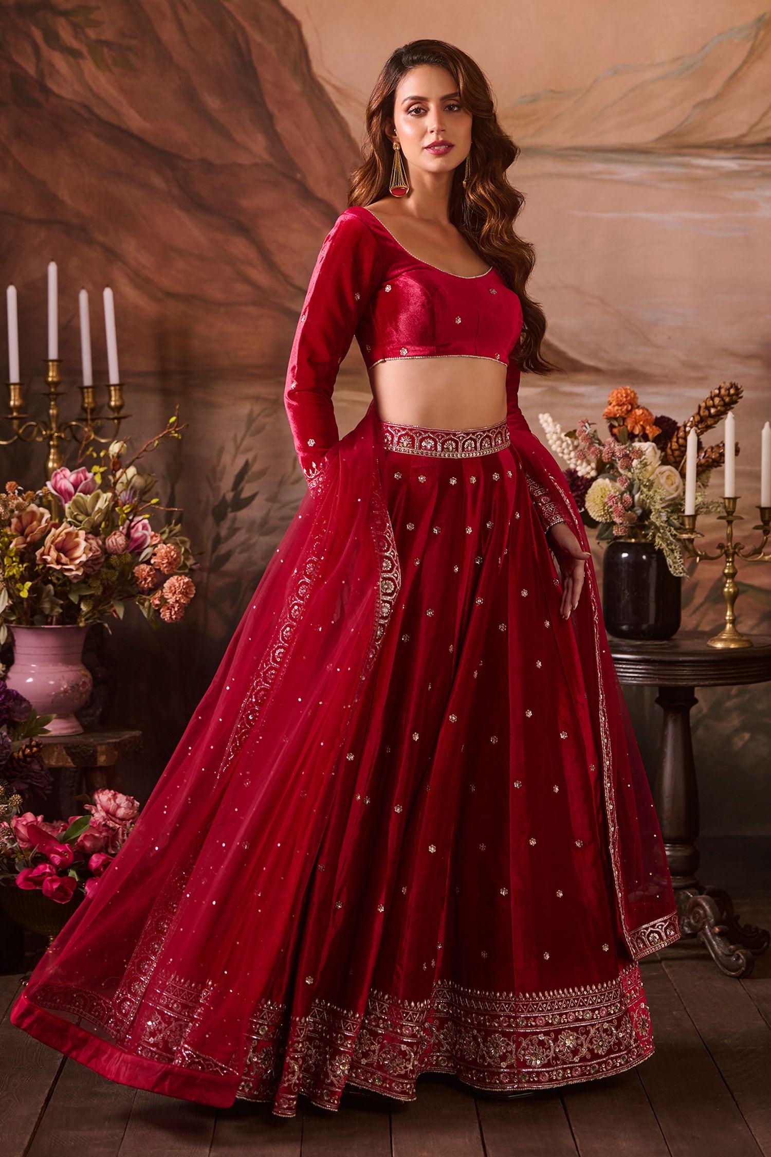 Pink Net, Velvet Sequins, Zari, Embroidery Round Neck Bridal Lehenga Set - Designer Kurta Set