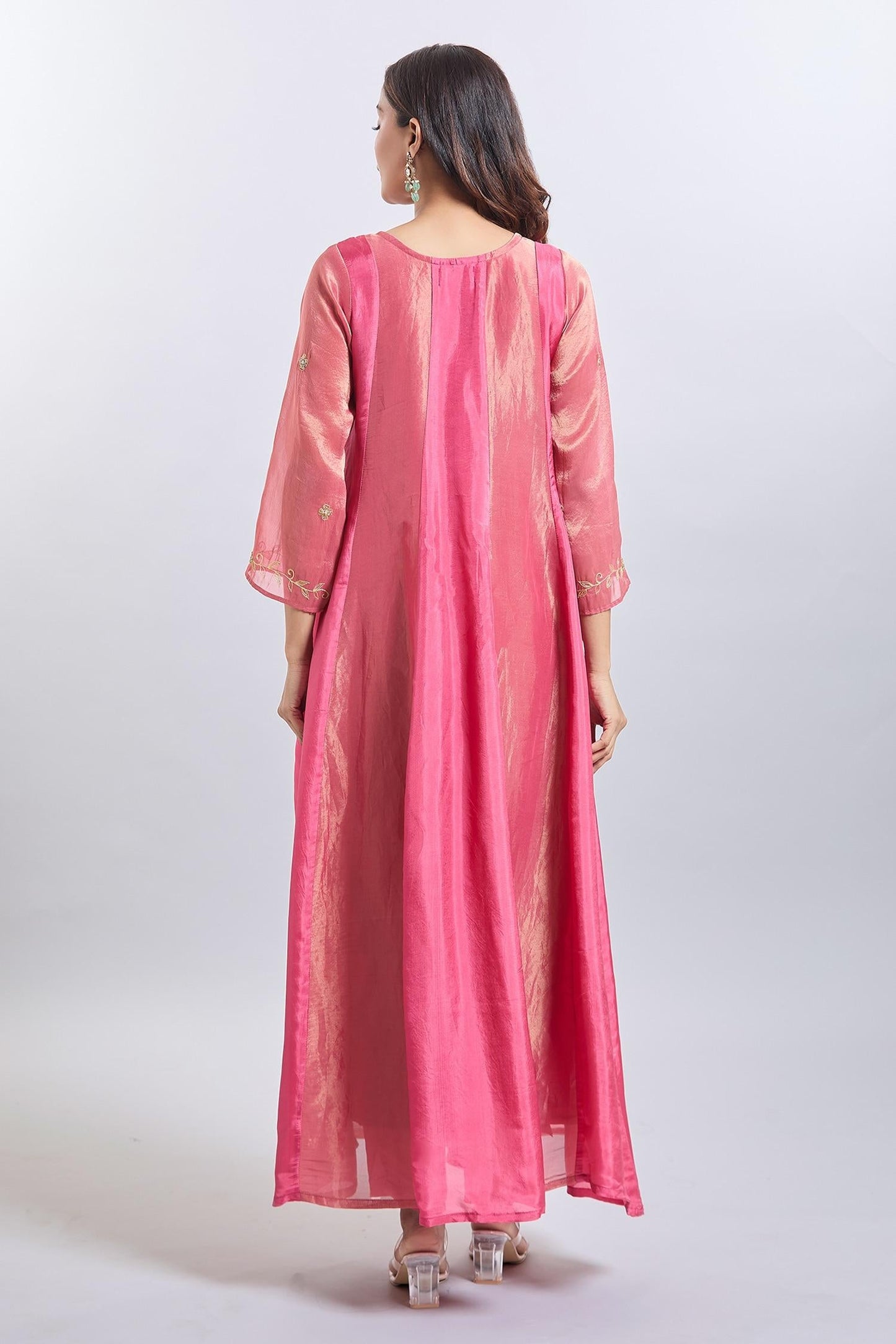 Pink Organza Embroidery Round Neck Upada Silk Anarkali Set - Designer Kurta Set