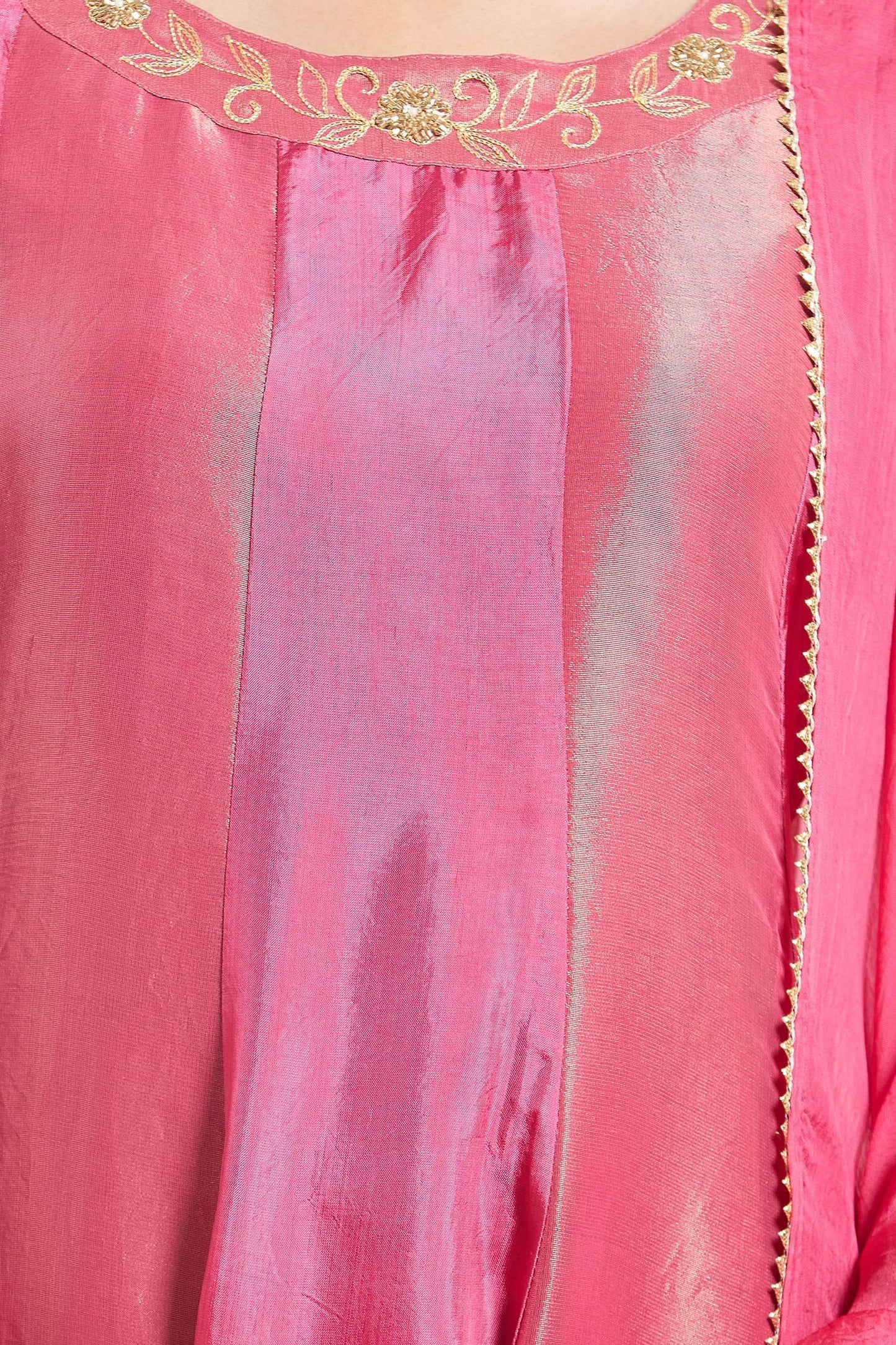 Pink Organza Embroidery Round Neck Upada Silk Anarkali Set - Designer Kurta Set