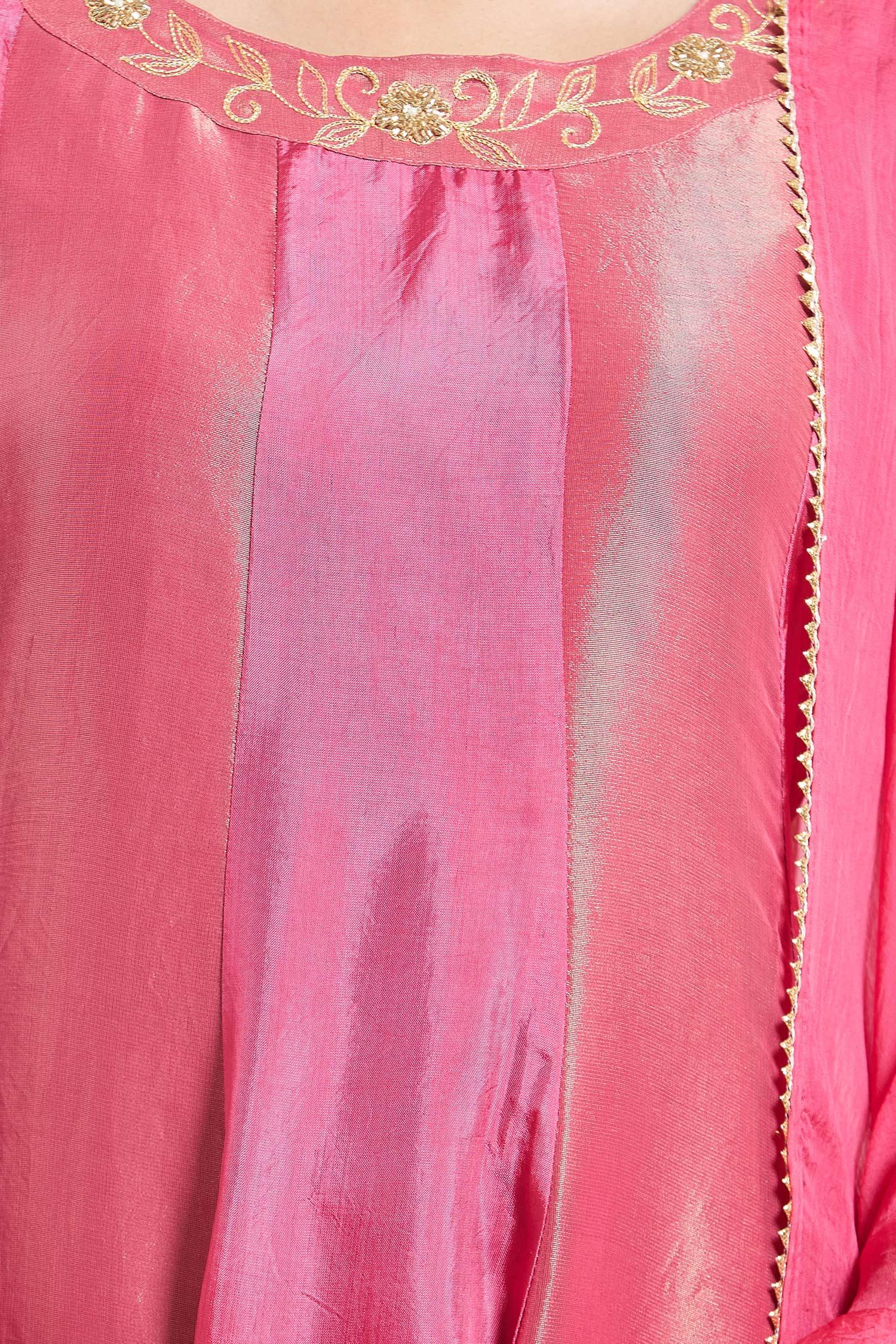 Pink Organza Embroidery Round Neck Upada Silk Anarkali Set - Designer Kurta Set