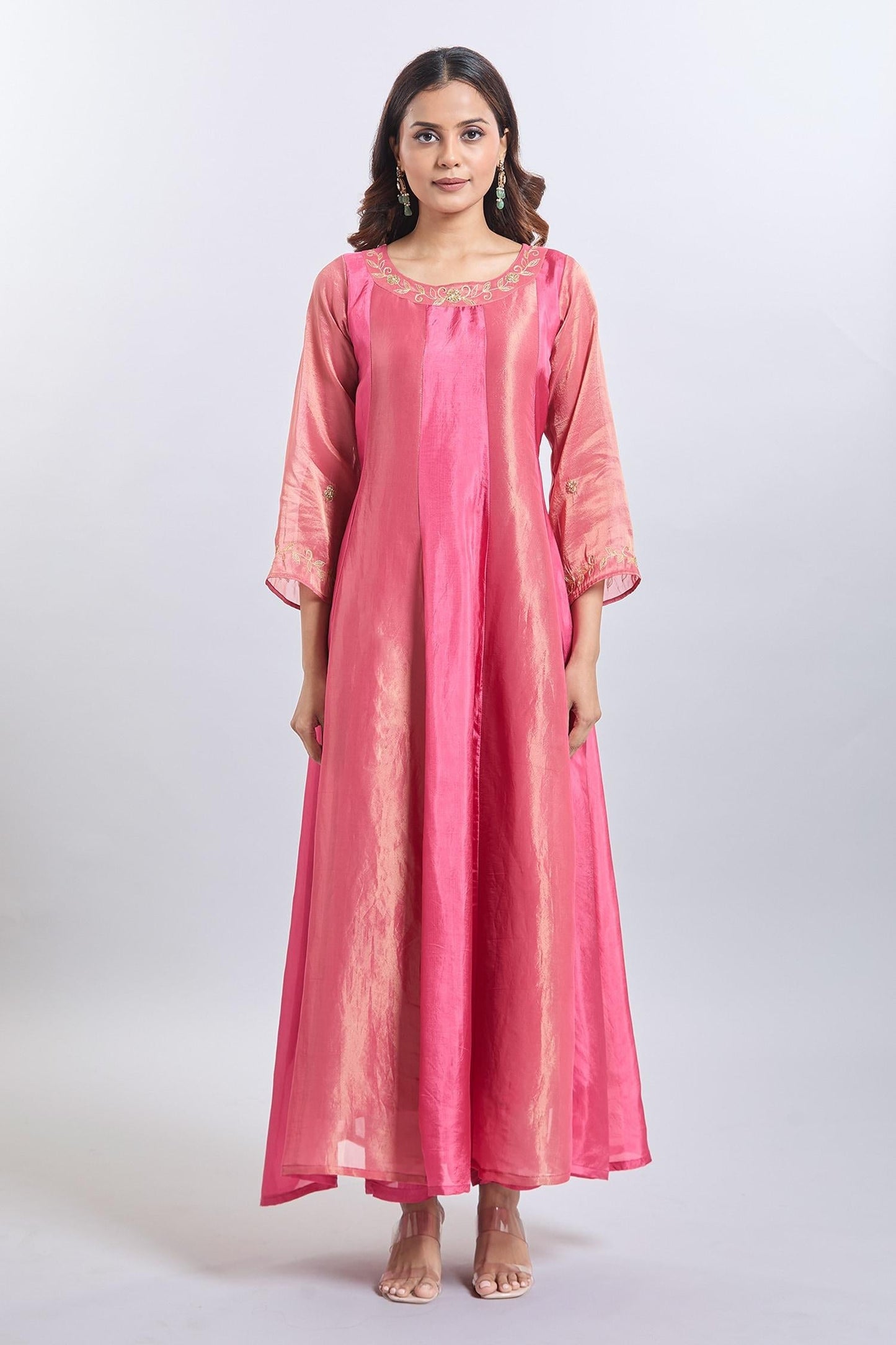 Pink Organza Embroidery Round Neck Upada Silk Anarkali Set - Designer Kurta Set