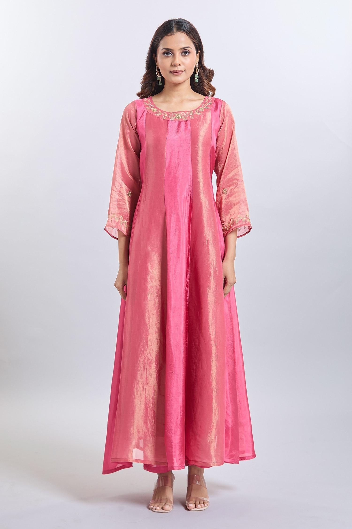 Pink Organza Embroidery Round Neck Upada Silk Anarkali Set - Designer Kurta Set