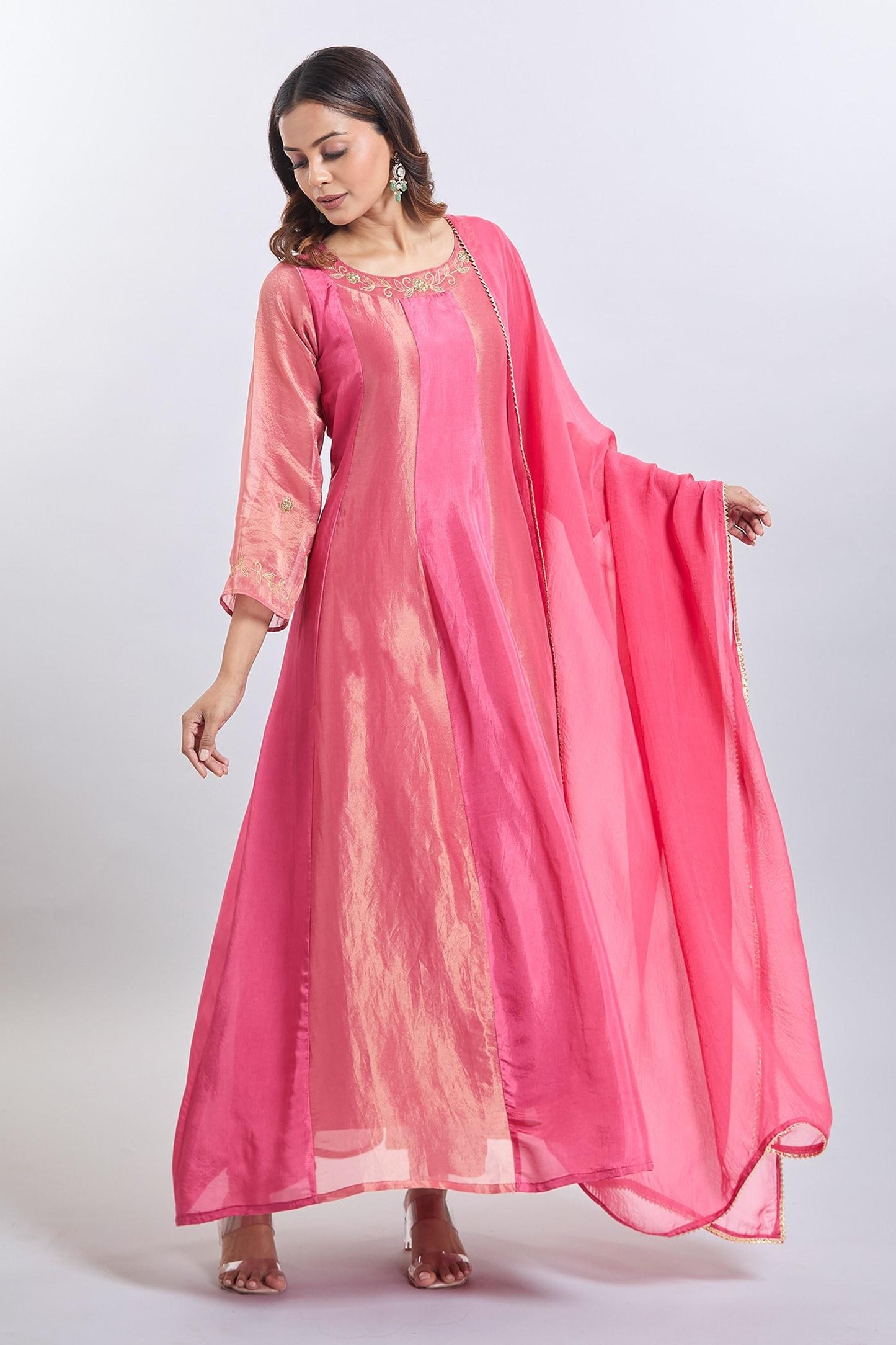 Pink Organza Embroidery Round Neck Upada Silk Anarkali Set - Designer Kurta Set