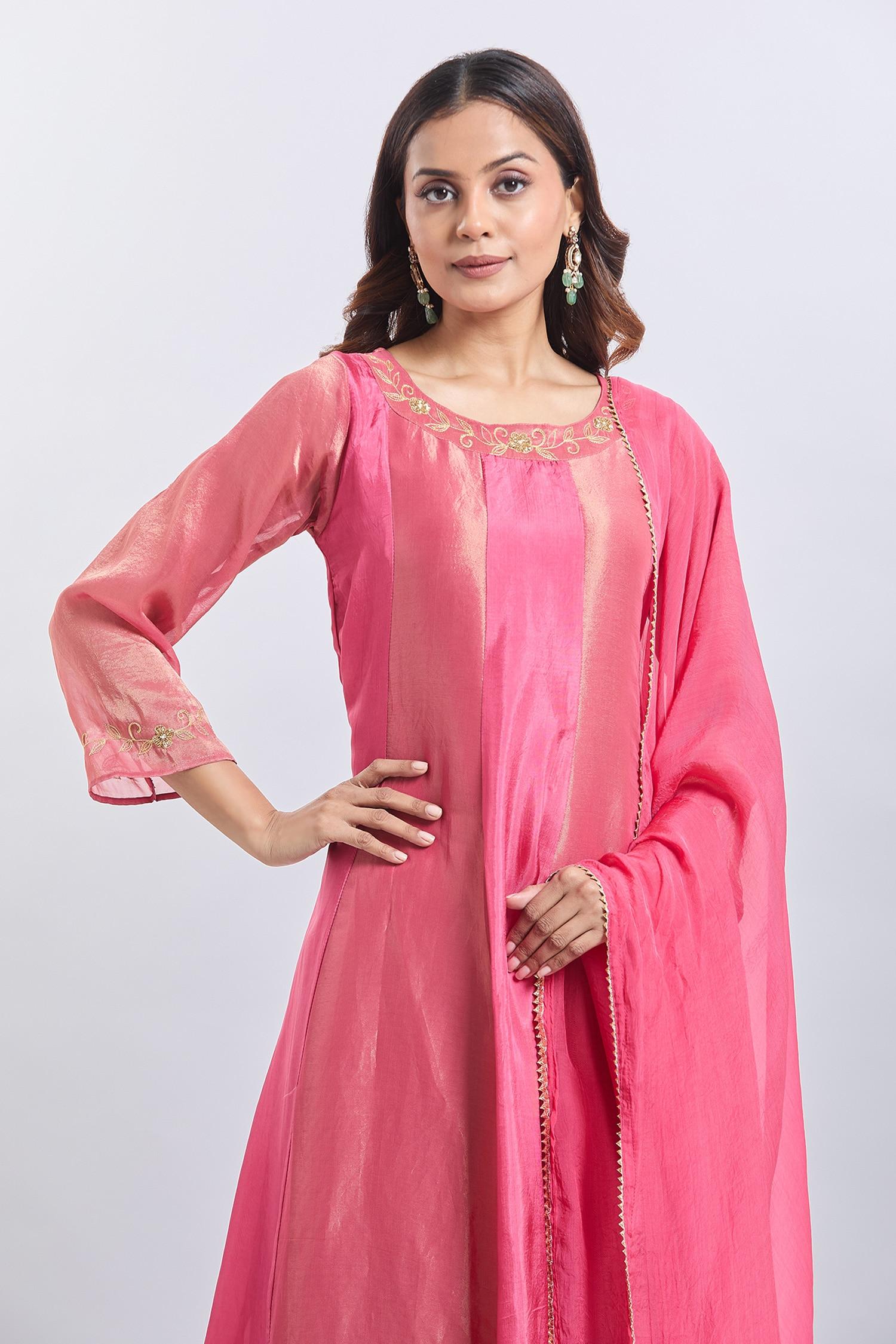 Pink Organza Embroidery Round Neck Upada Silk Anarkali Set - Designer Kurta Set
