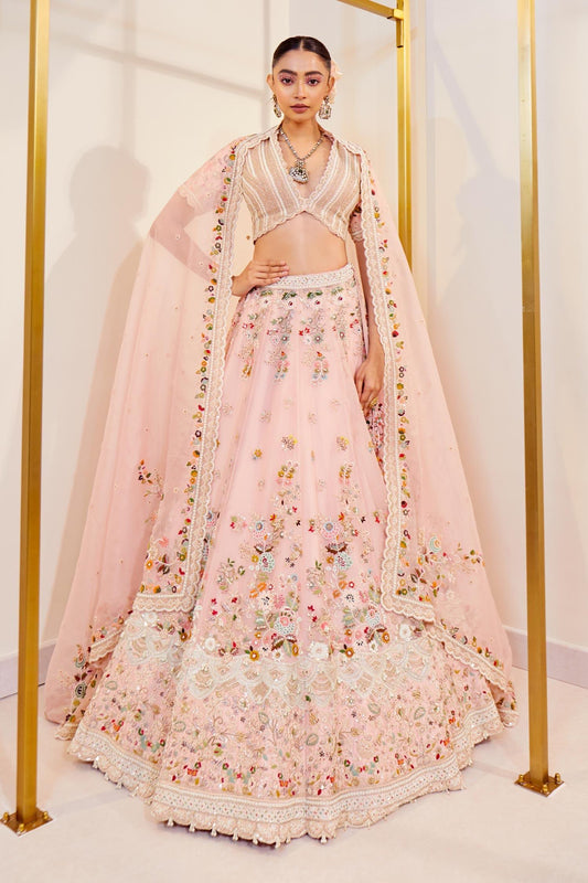Pink Organza Pearls, Diamonds, Zari, Embroidery Plunge Pastel Dori Lehenga Set - Designer Kurta Set