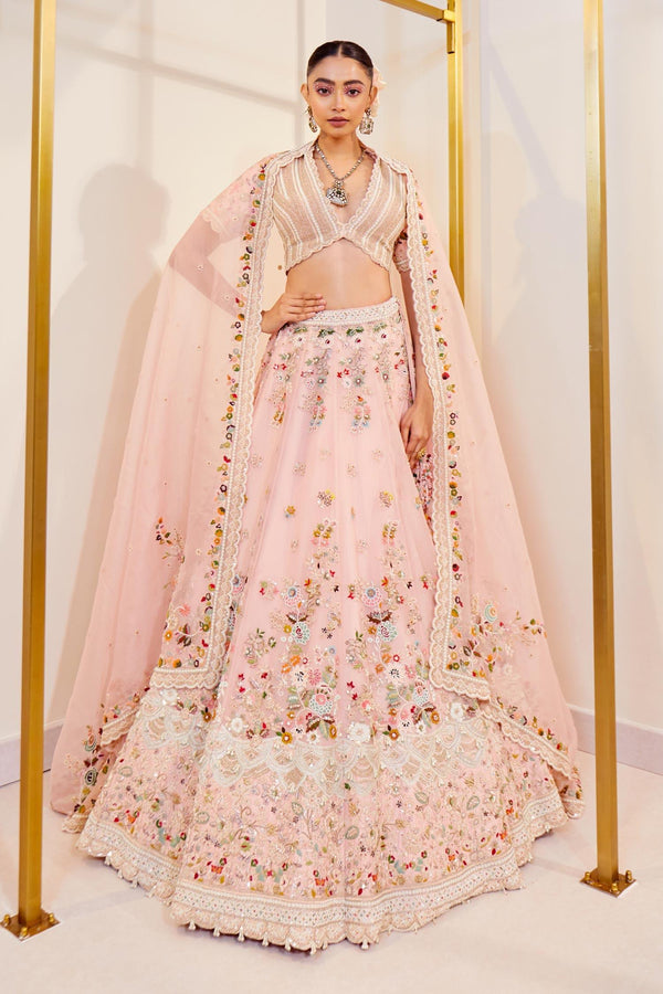 Pink Organza Pearls, Diamonds, Zari, Embroidery Plunge Pastel Dori Lehenga Set - Designer Kurta Set
