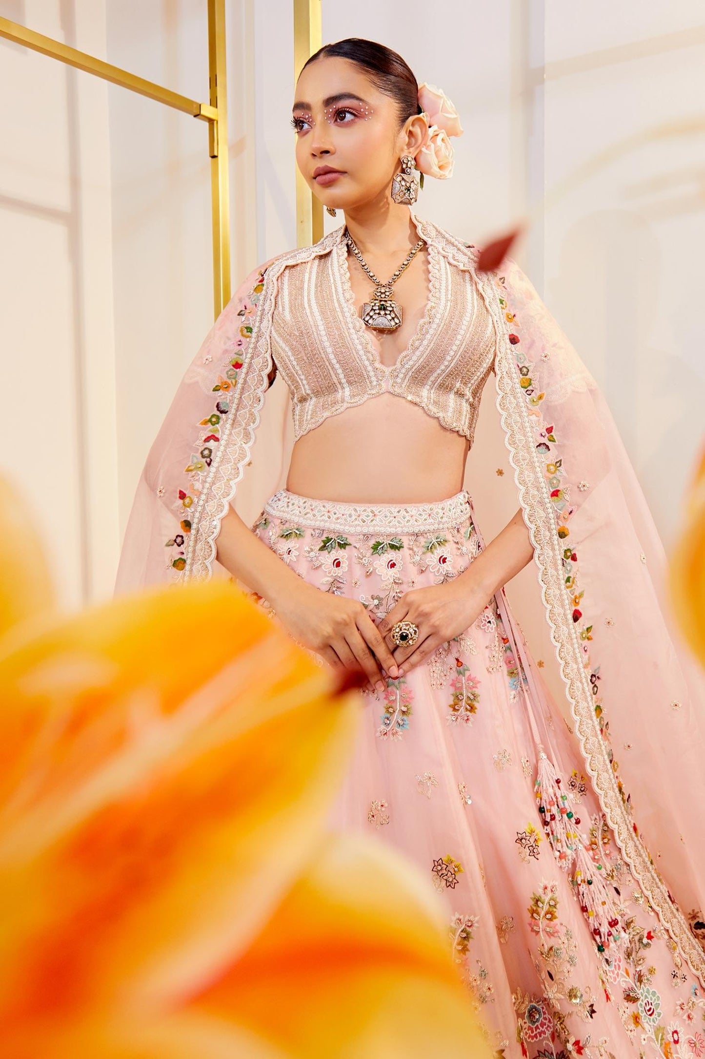 Pink Organza Pearls, Diamonds, Zari, Embroidery Plunge Pastel Dori Lehenga Set - Designer Kurta Set