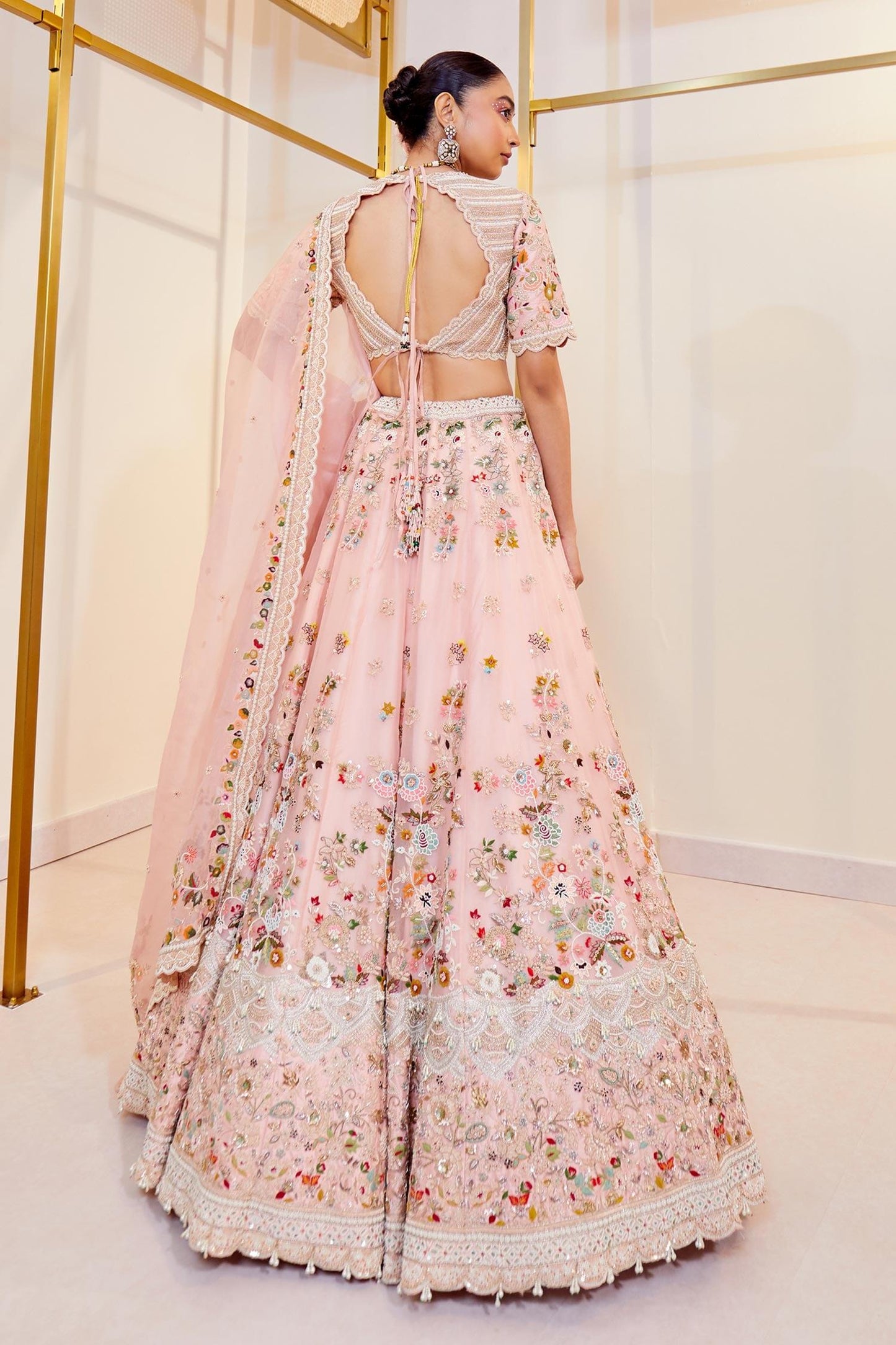 Pink Organza Pearls, Diamonds, Zari, Embroidery Plunge Pastel Dori Lehenga Set - Designer Kurta Set