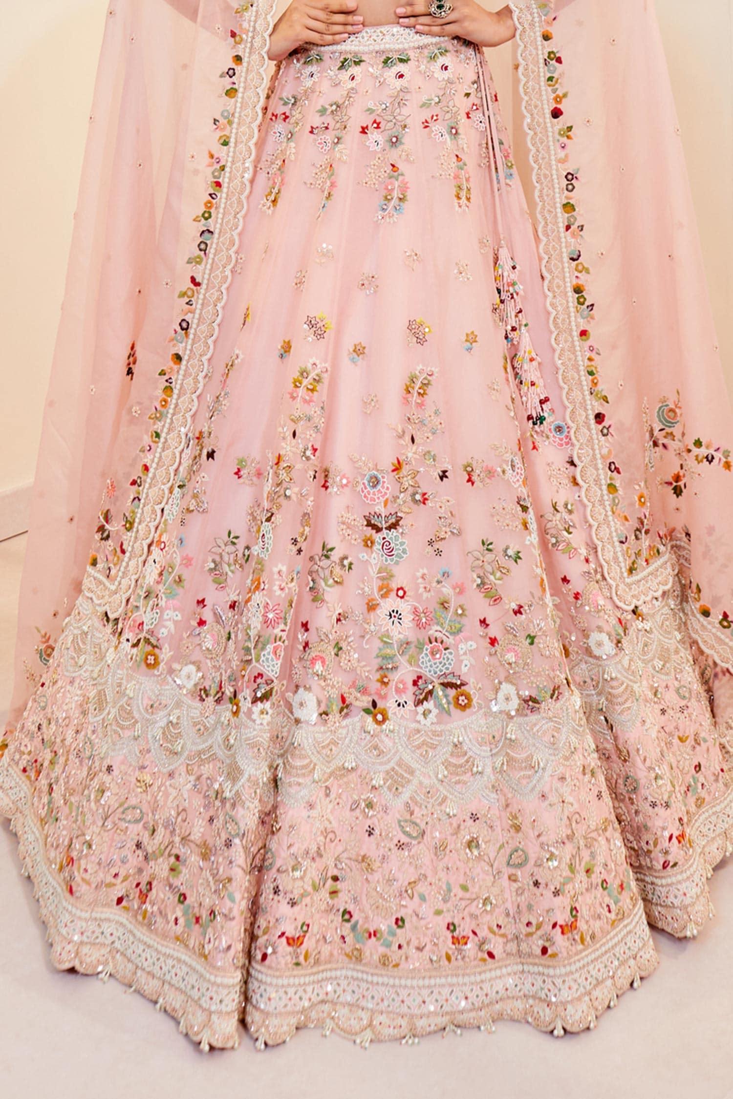 Pink Organza Pearls, Diamonds, Zari, Embroidery Plunge Pastel Dori Lehenga Set - Designer Kurta Set