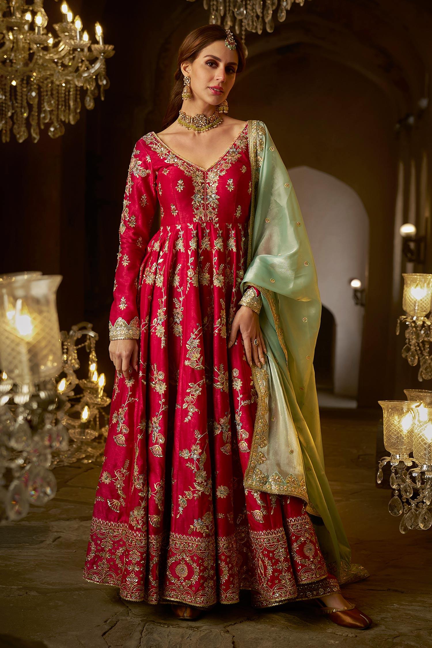 Pink Organza, Satin, Linen Sequins, Zari, Anarkali Contrast Dupatta Set - Designer Kurta Set