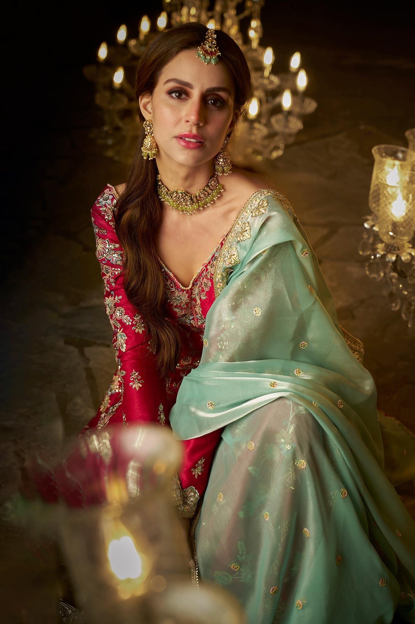 Pink Organza, Satin, Linen Sequins, Zari, Anarkali Contrast Dupatta Set - Designer Kurta Set