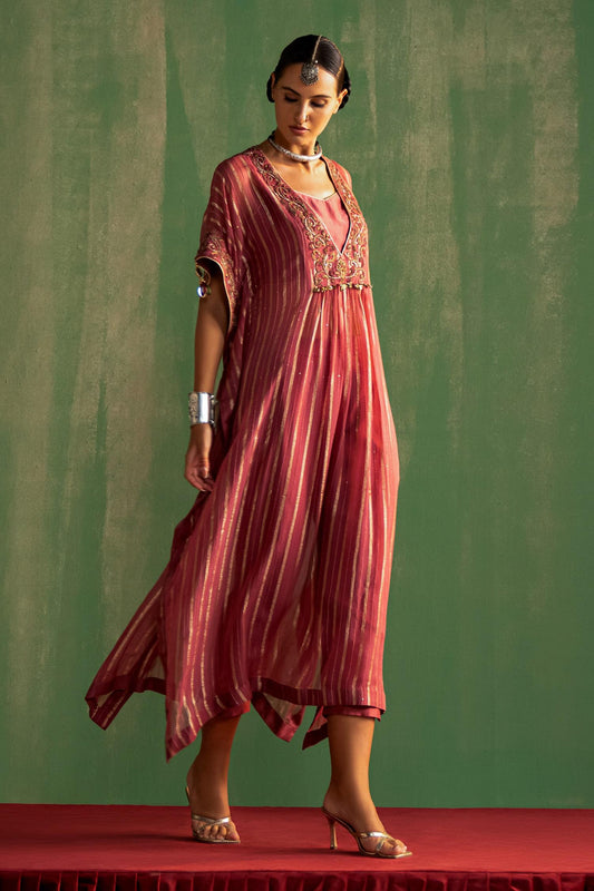 Pink Organza Tassels Mauve Thread Embroidered Kaftan Set - Designer Kurta Set