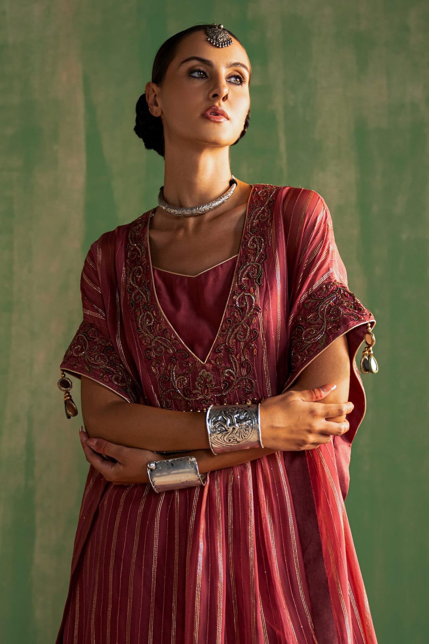 Pink Organza Tassels Mauve Thread Embroidered Kaftan Set - Designer Kurta Set