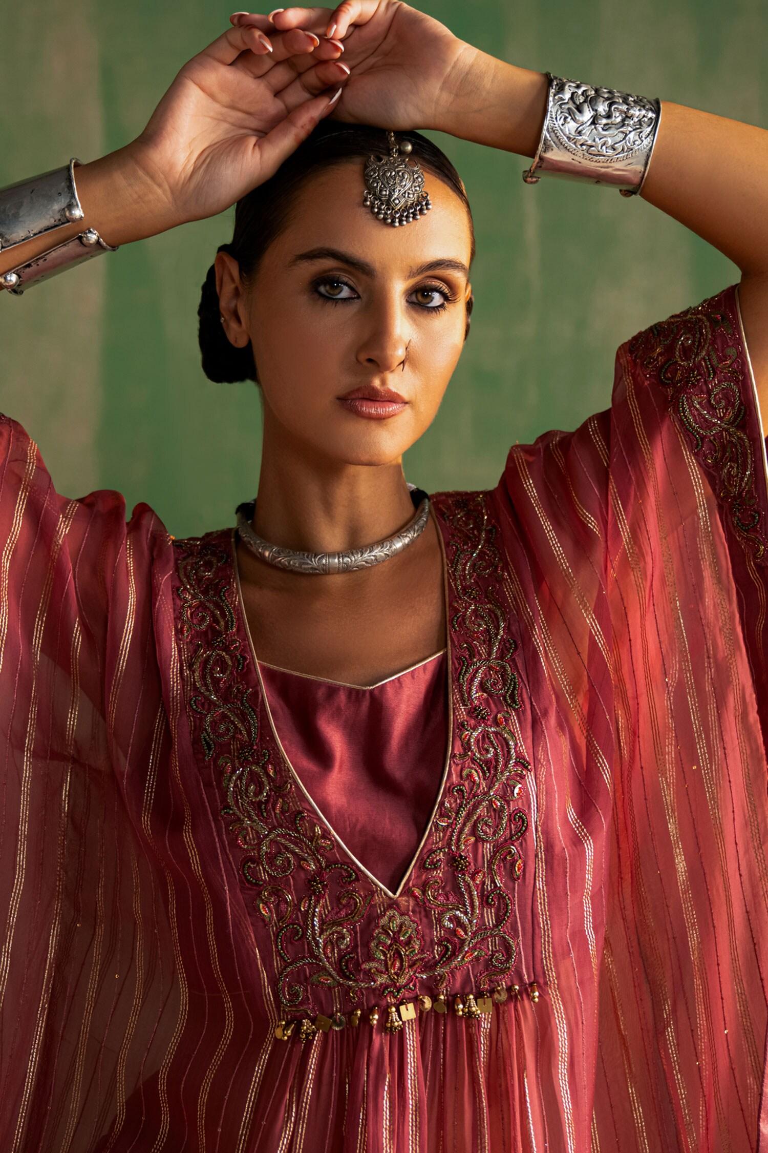 Pink Organza Tassels Mauve Thread Embroidered Kaftan Set - Designer Kurta Set