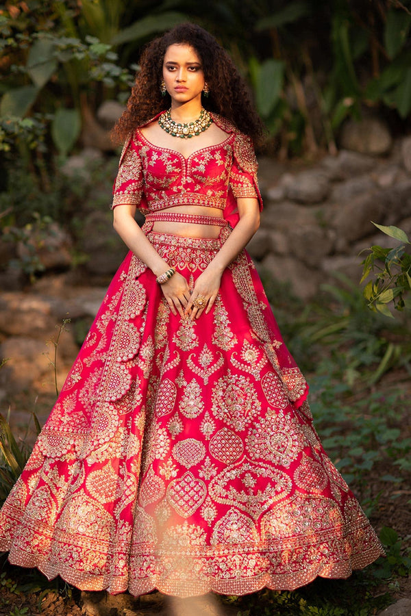 Pink Raw Silk And Net Resham & Zardozi Vrinda Embroidered Bridal Lehenga Set - Designer Kurta Set